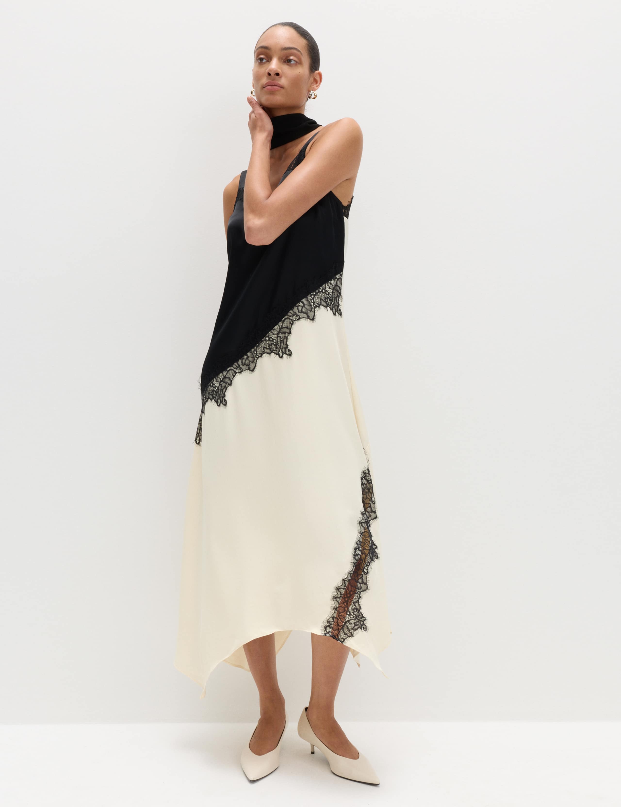 Satin Colour Block Lace Trim Midaxi Cami Slip Dress 1 of 8