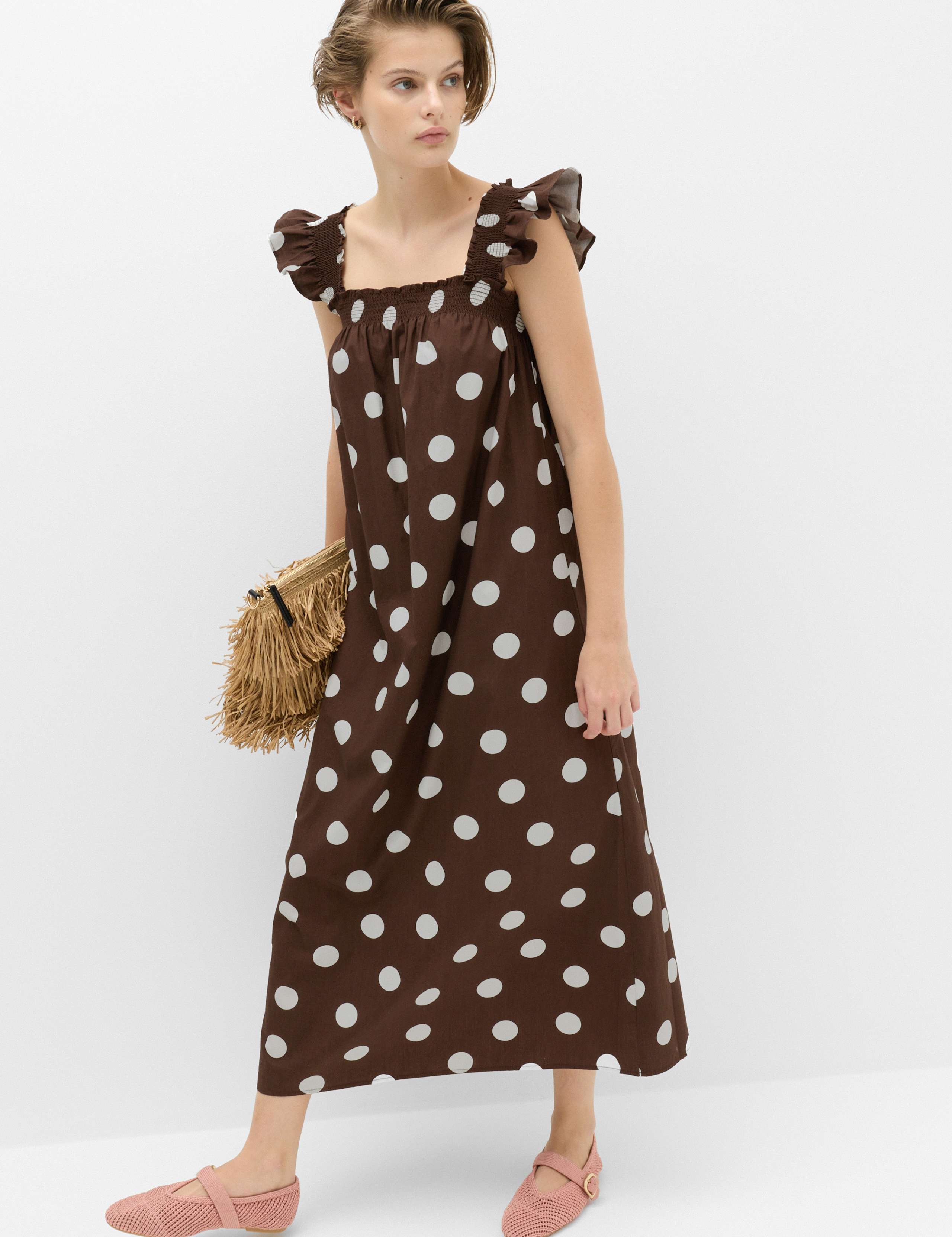 Pure Cotton Polka Dot Midi Shirred Dress 1 of 5