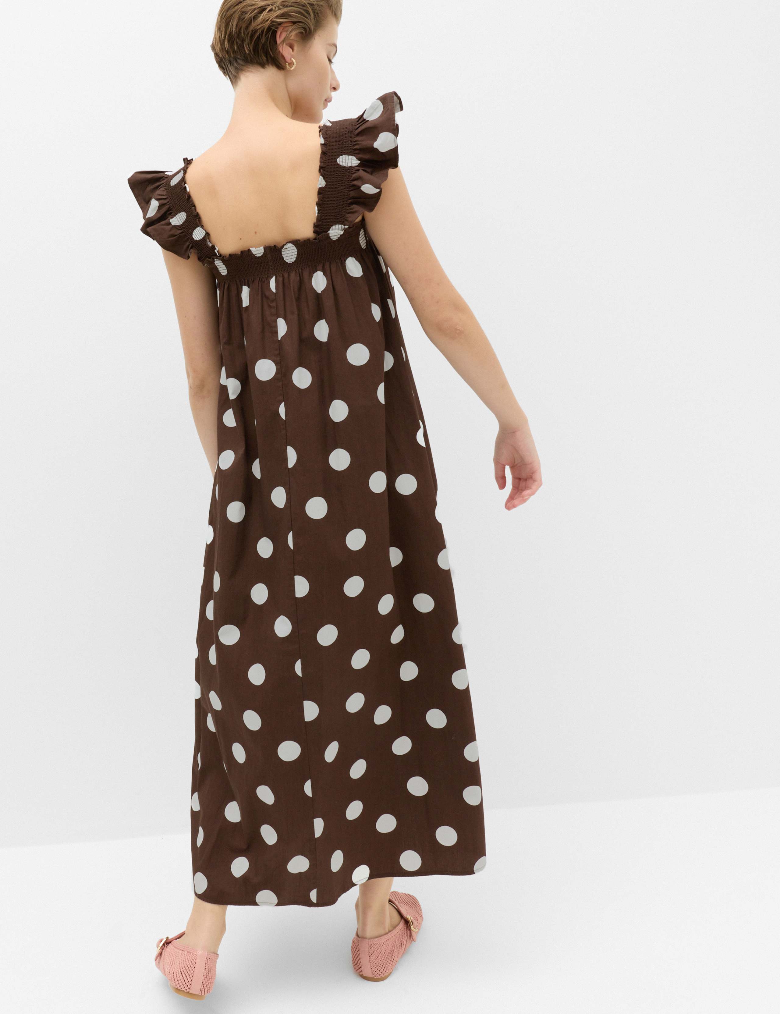 Pure Cotton Polka Dot Midi Shirred Dress 3 of 5