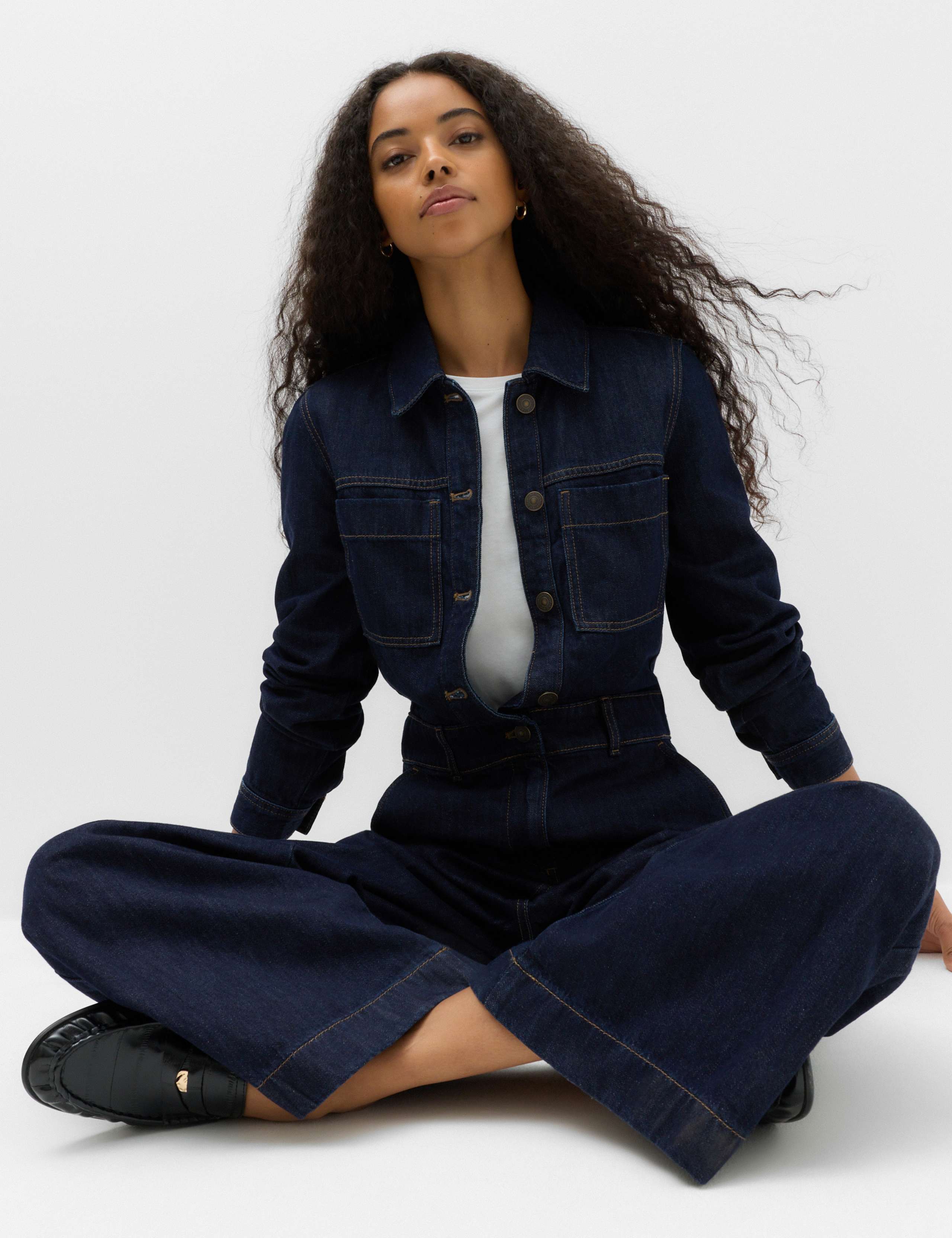 Denim Long Sleeve Wide Leg Jumpsuit 4 of 7