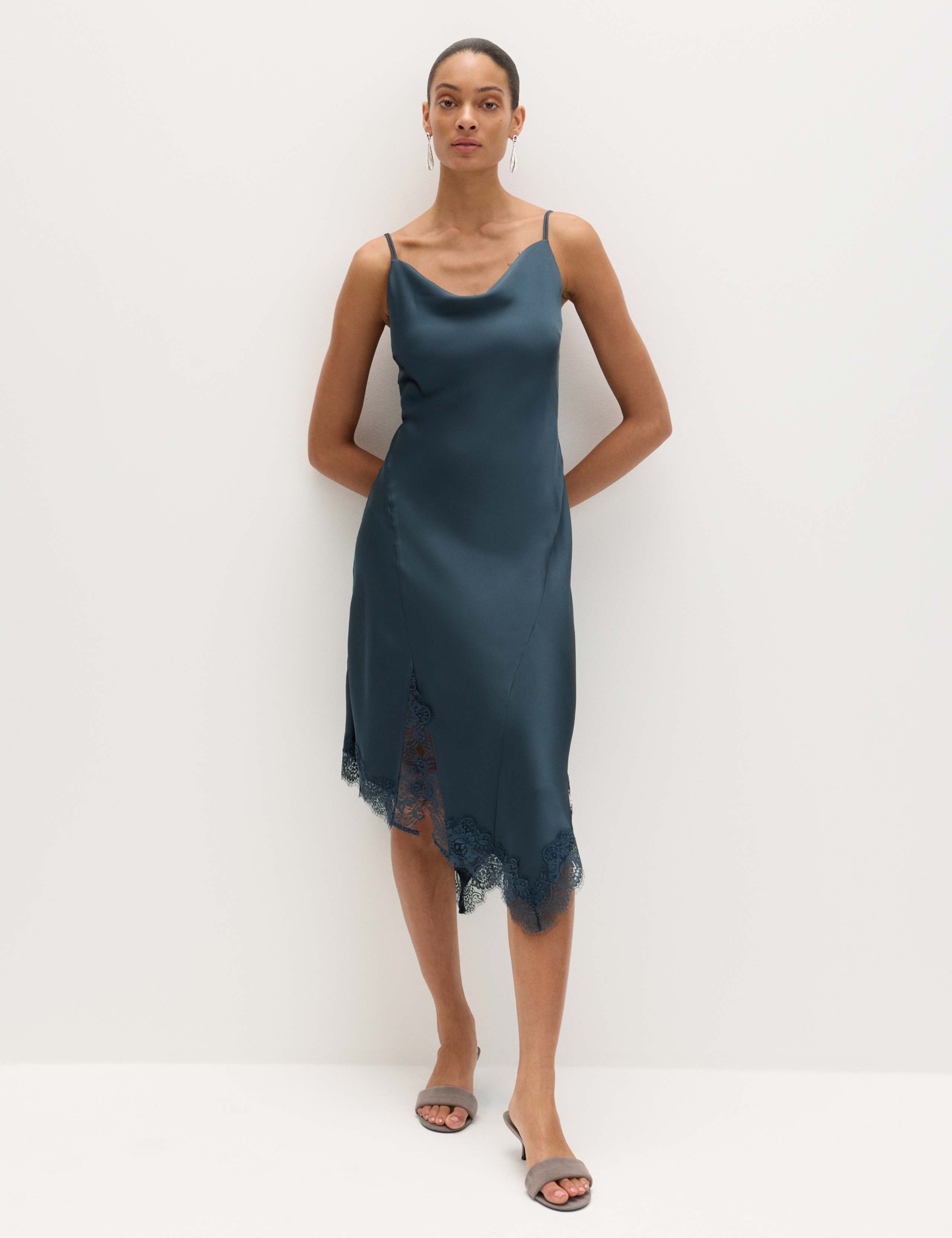 Satin Cowl Neck Lace Trim Midi Slip Dress 3 of 8