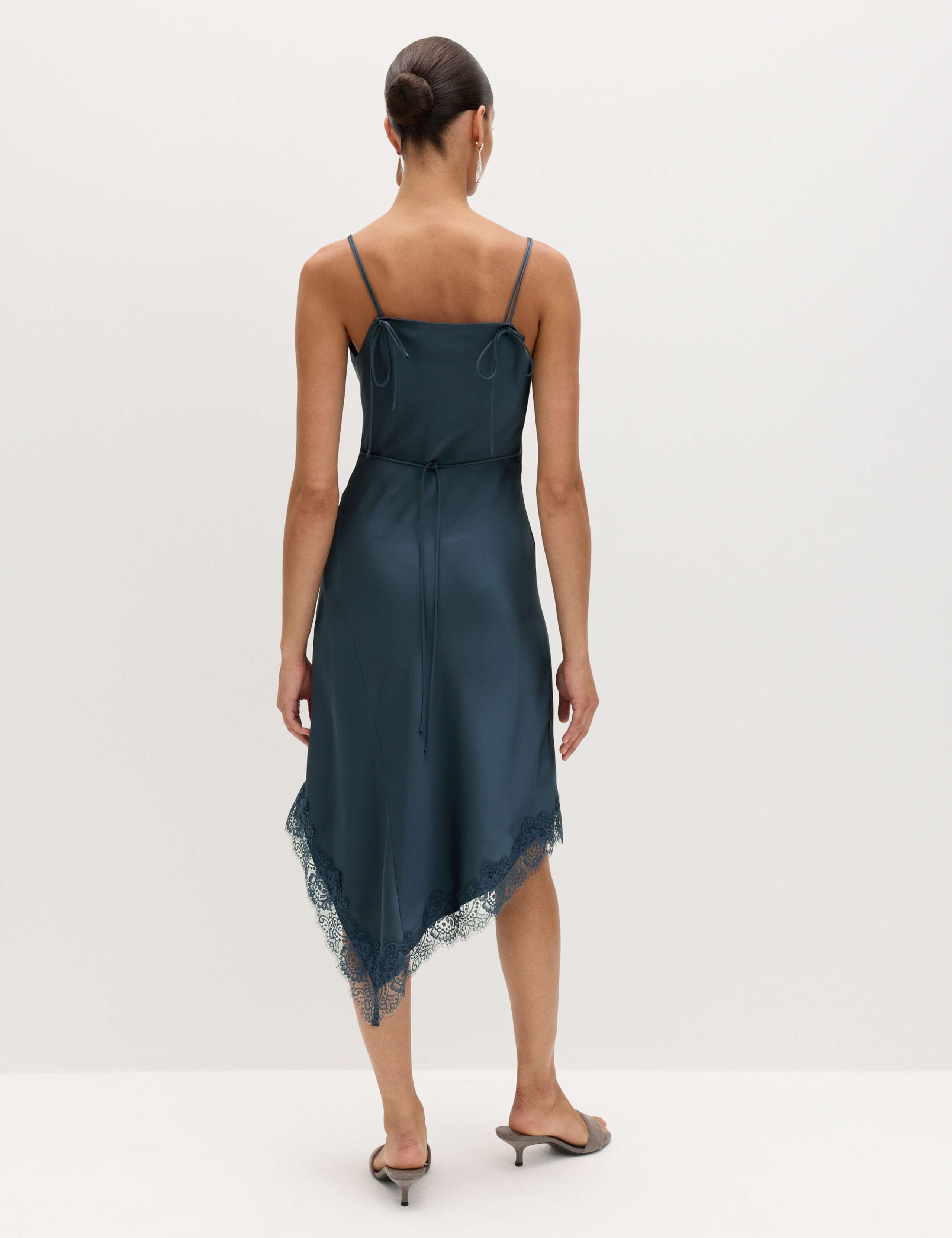 Satin Cowl Neck Lace Trim Midi Slip Dress 4 of 8