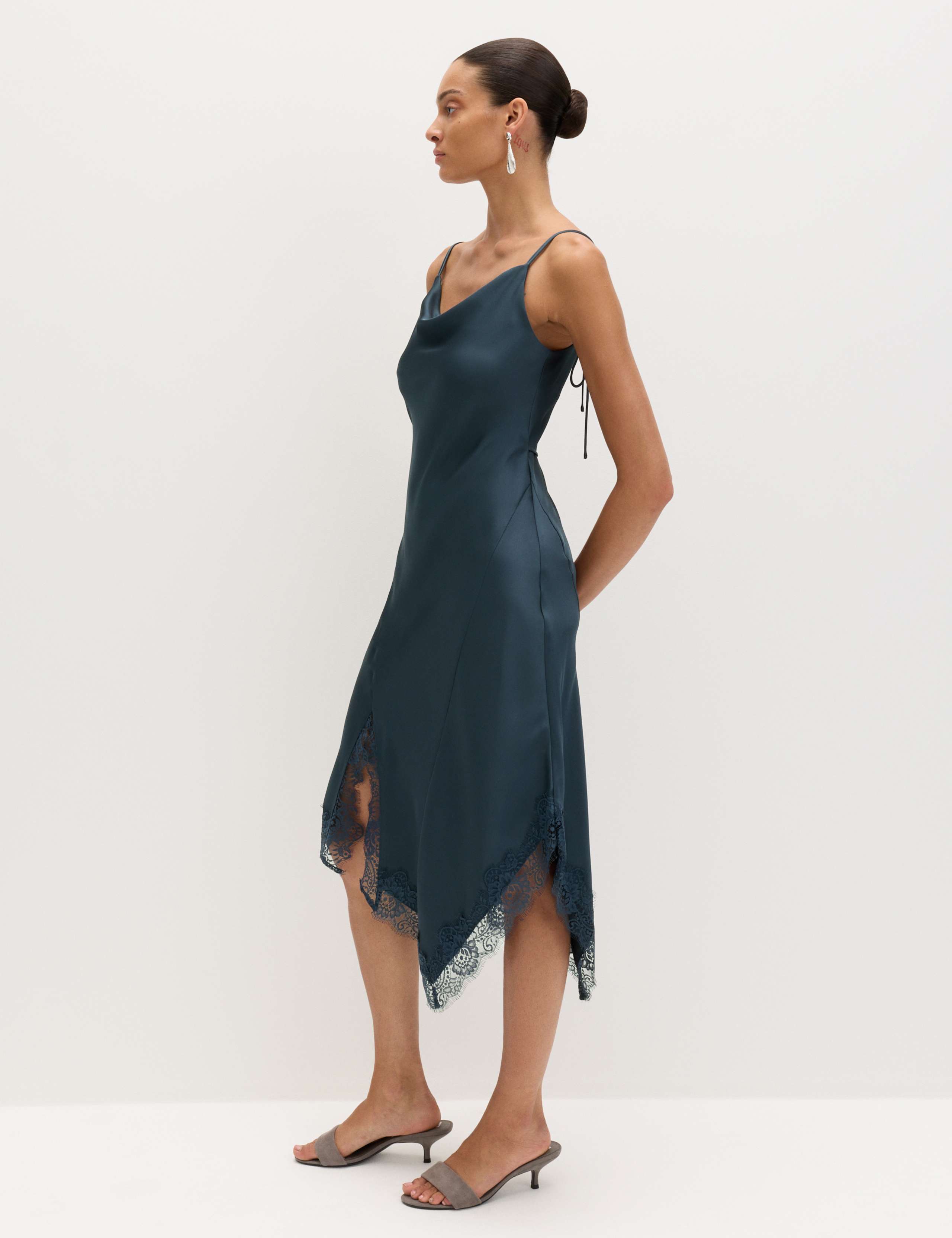 Satin Cowl Neck Lace Trim Midi Slip Dress 6 of 8
