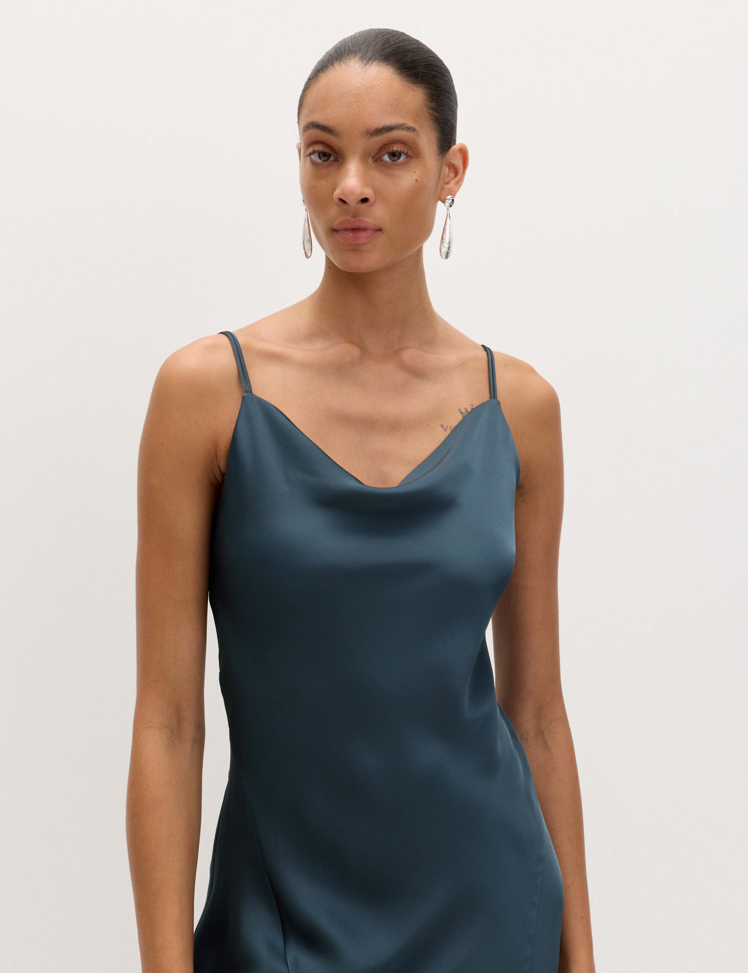 Satin Cowl Neck Lace Trim Midi Slip Dress 7 of 8