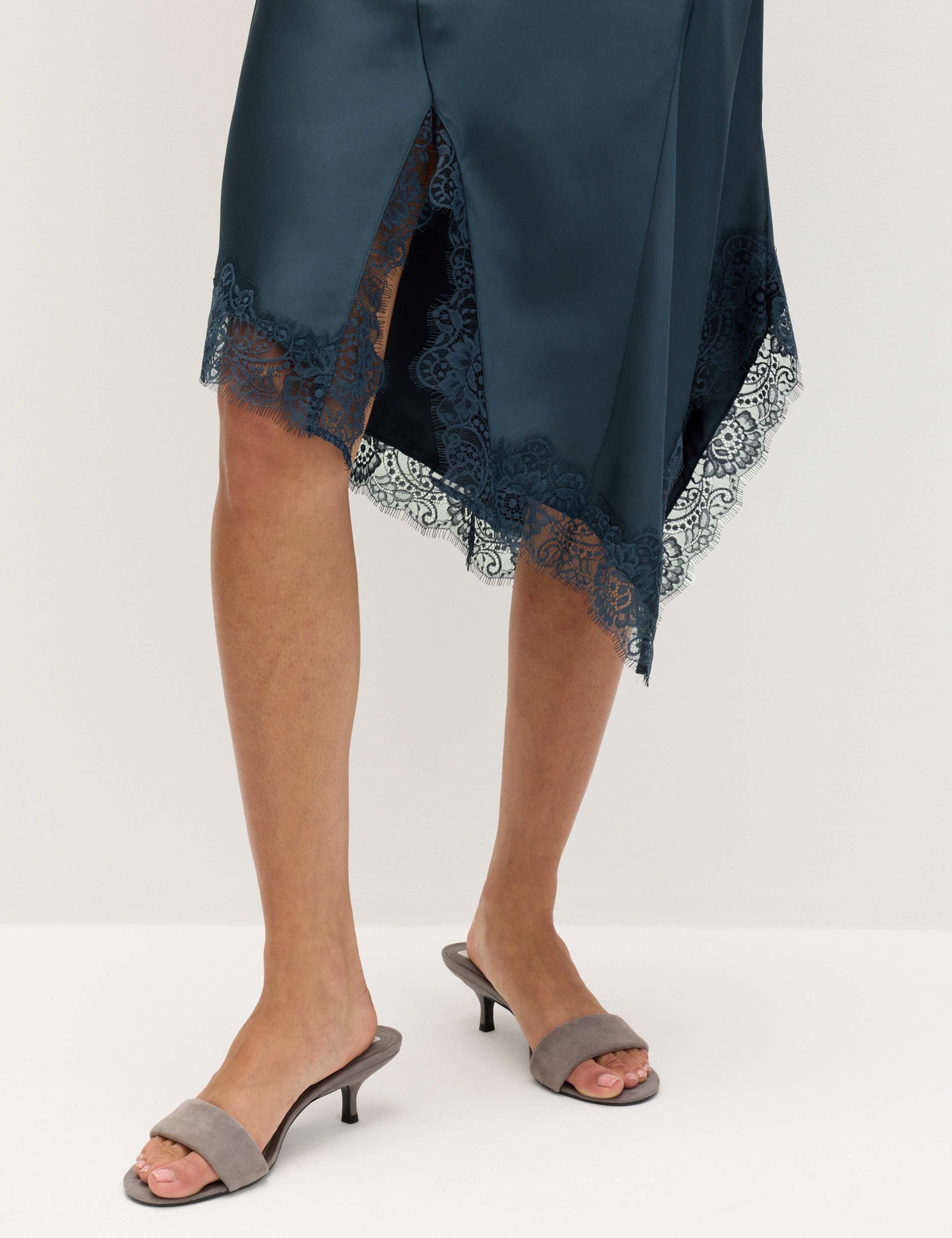Satin Cowl Neck Lace Trim Midi Slip Dress 8 of 8