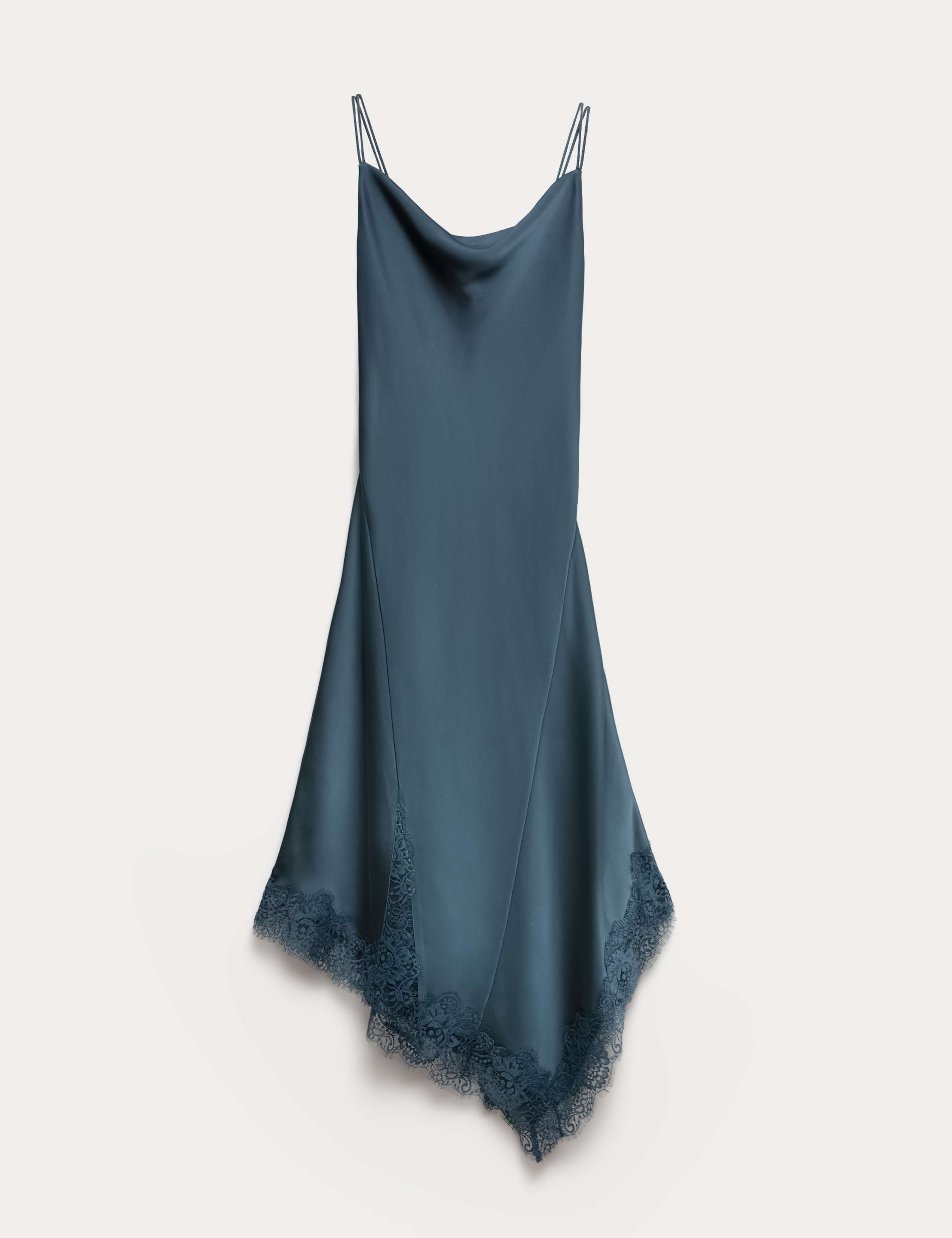 Satin Cowl Neck Lace Trim Midi Slip Dress 2 of 8