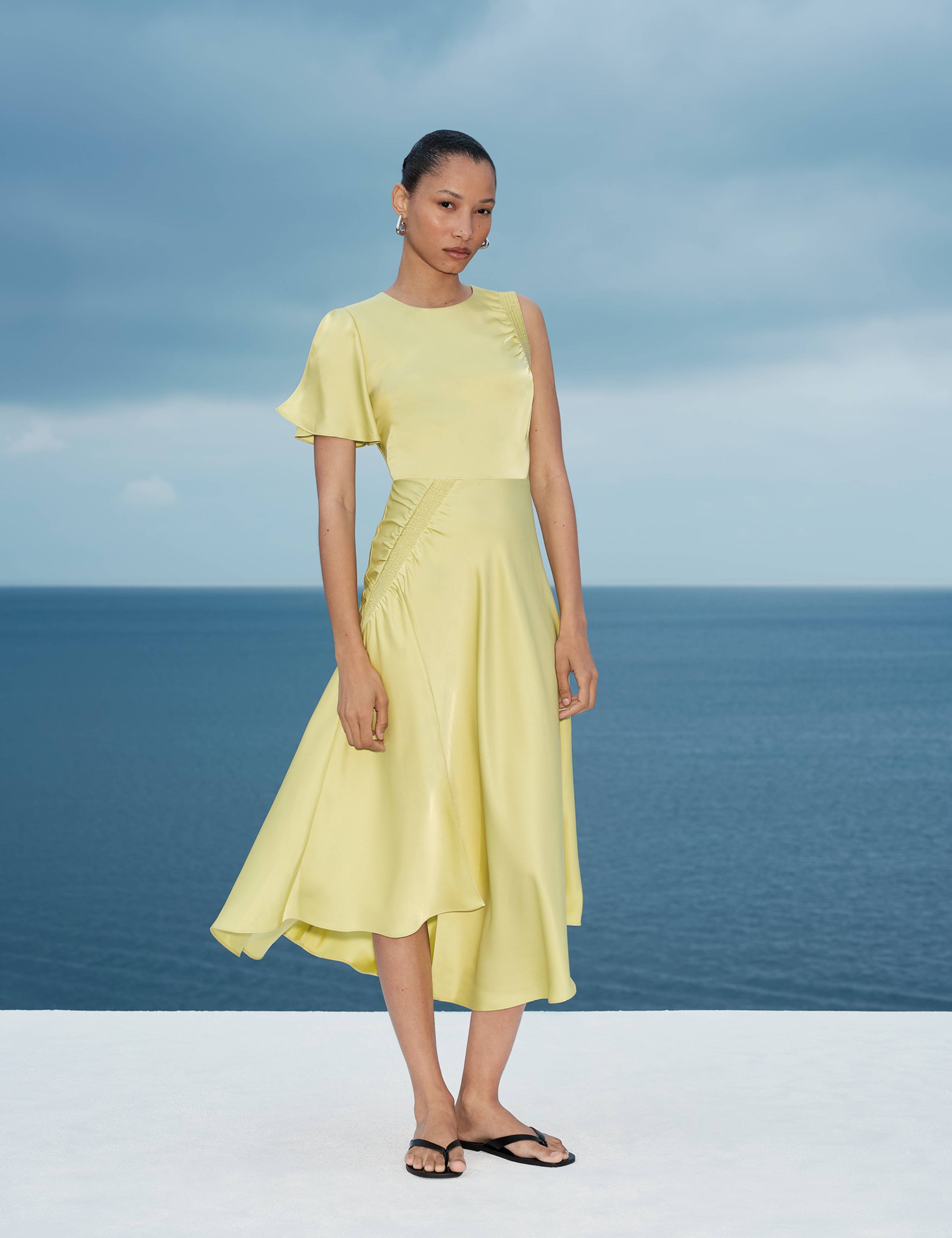Satin Round Neck Asymmetric Midi Waisted Dress 1 of 7