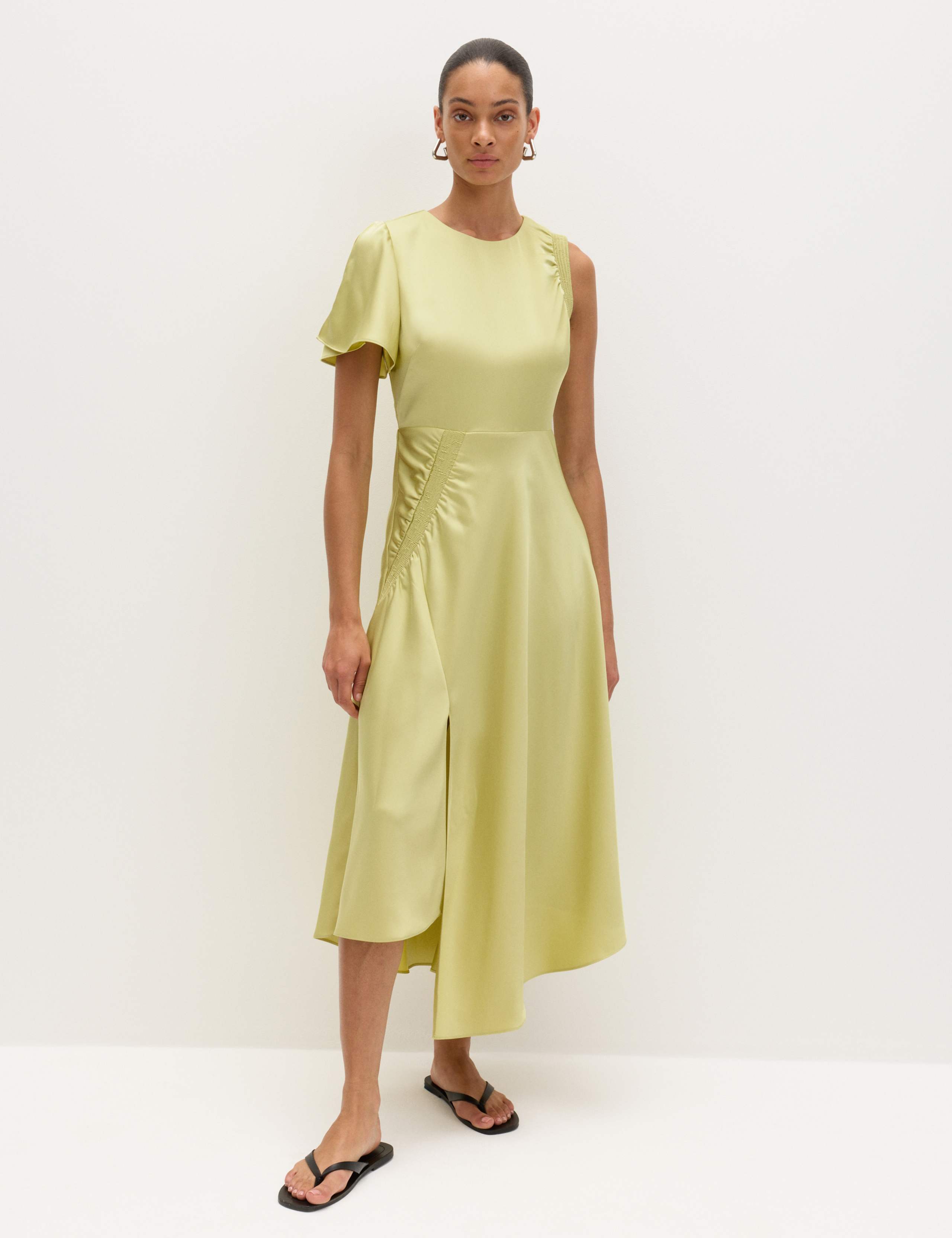 Satin Round Neck Asymmetric Midi Waisted Dress 3 of 7