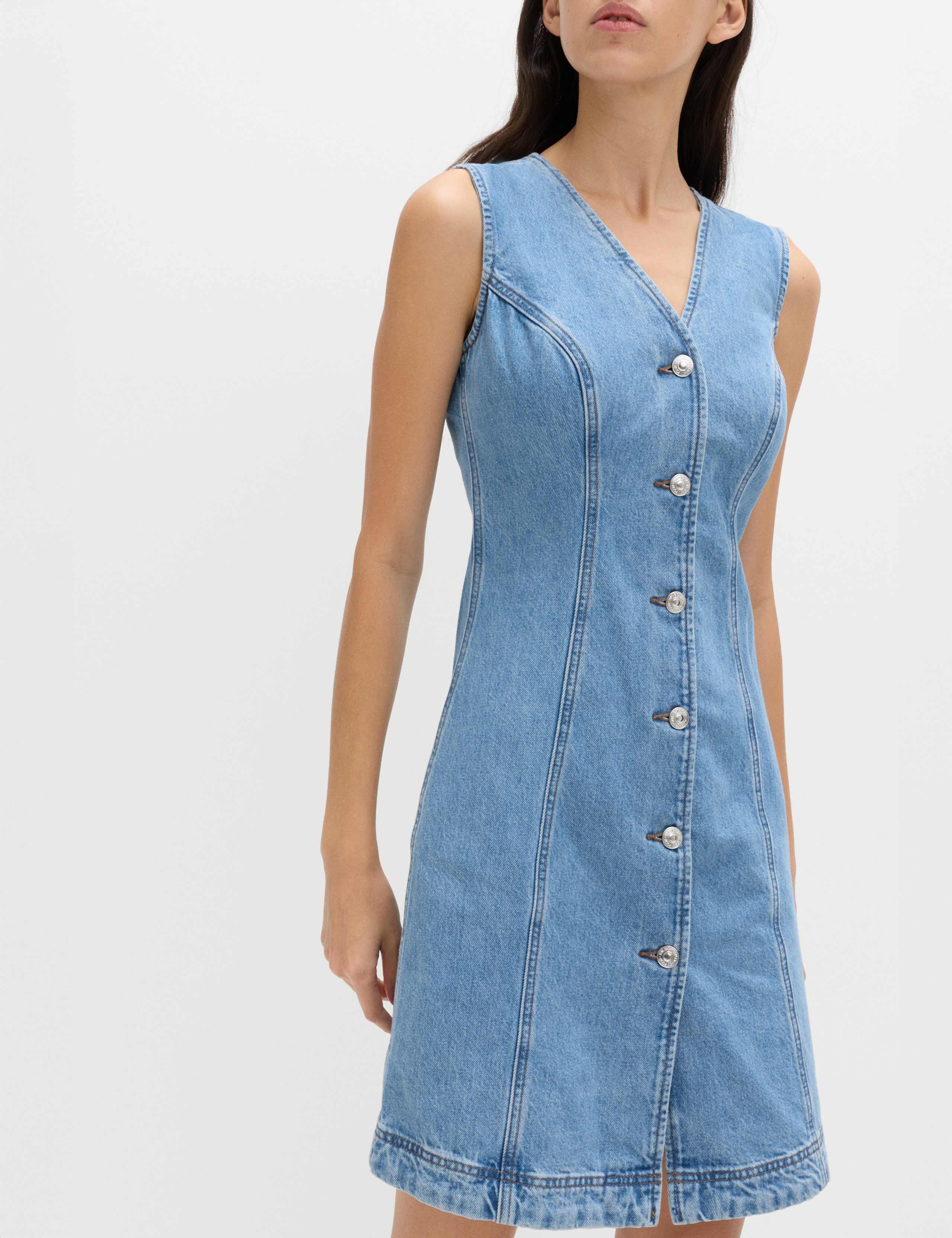 Denim V-Neck Button Through Mini Shift Dress 1 of 5