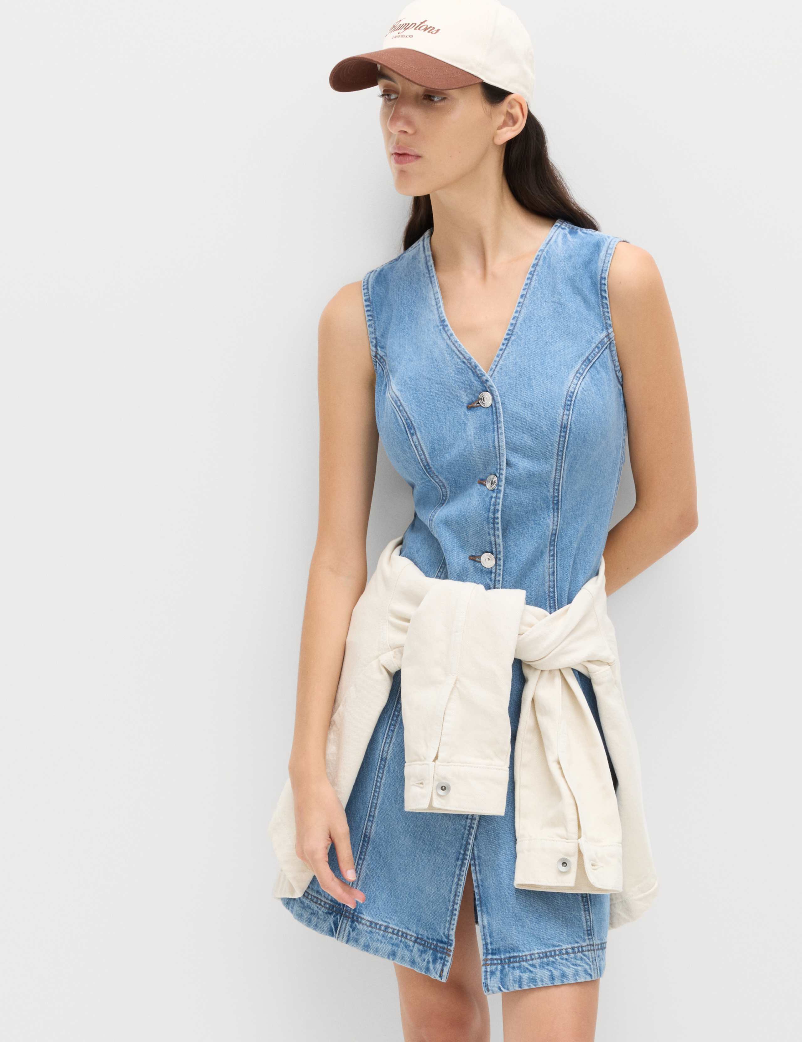 Denim V-Neck Button Through Mini Shift Dress 3 of 5