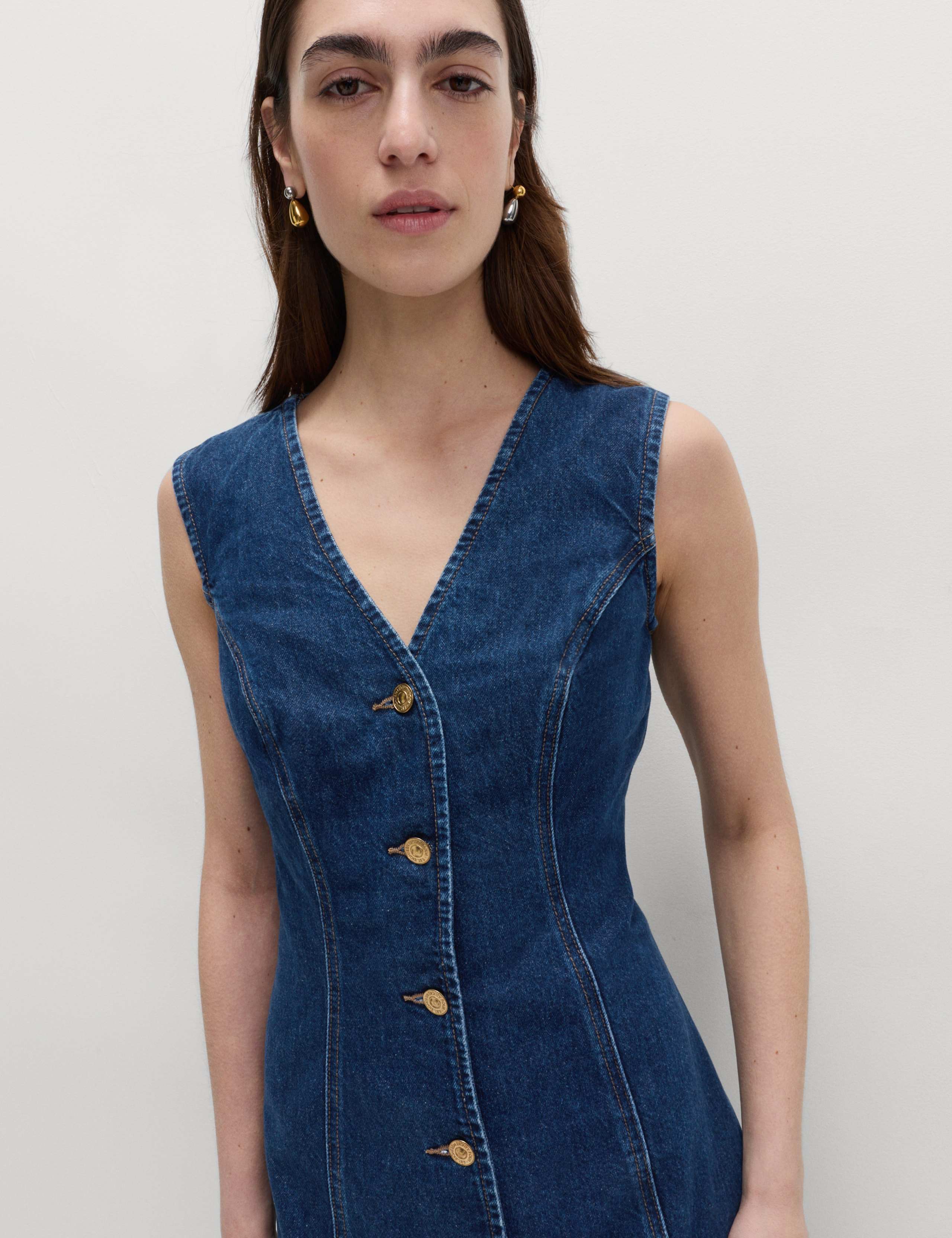 Denim V-Neck Button Through Midi Shift Dress 6 of 7