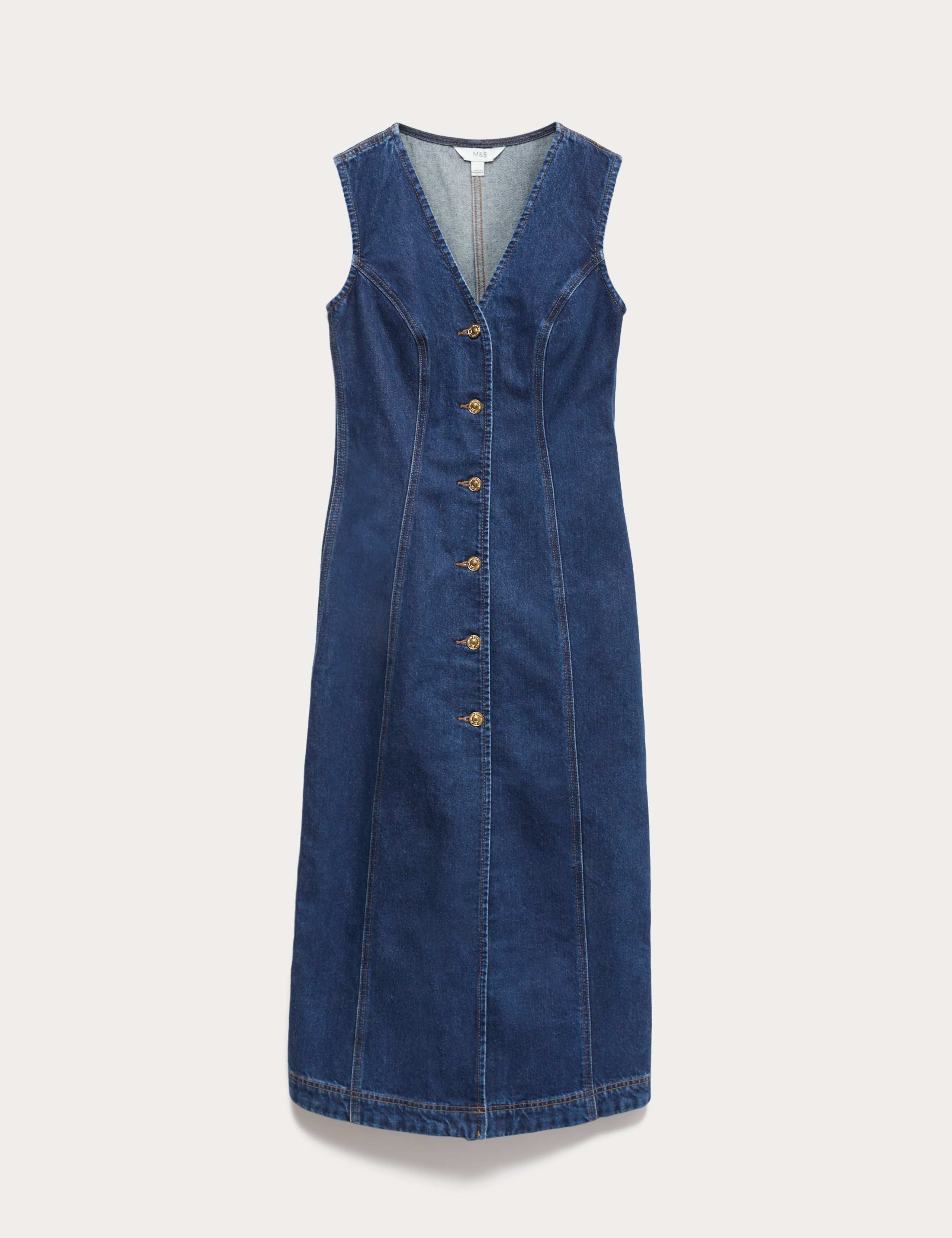 Denim V-Neck Button Through Midi Shift Dress 2 of 7