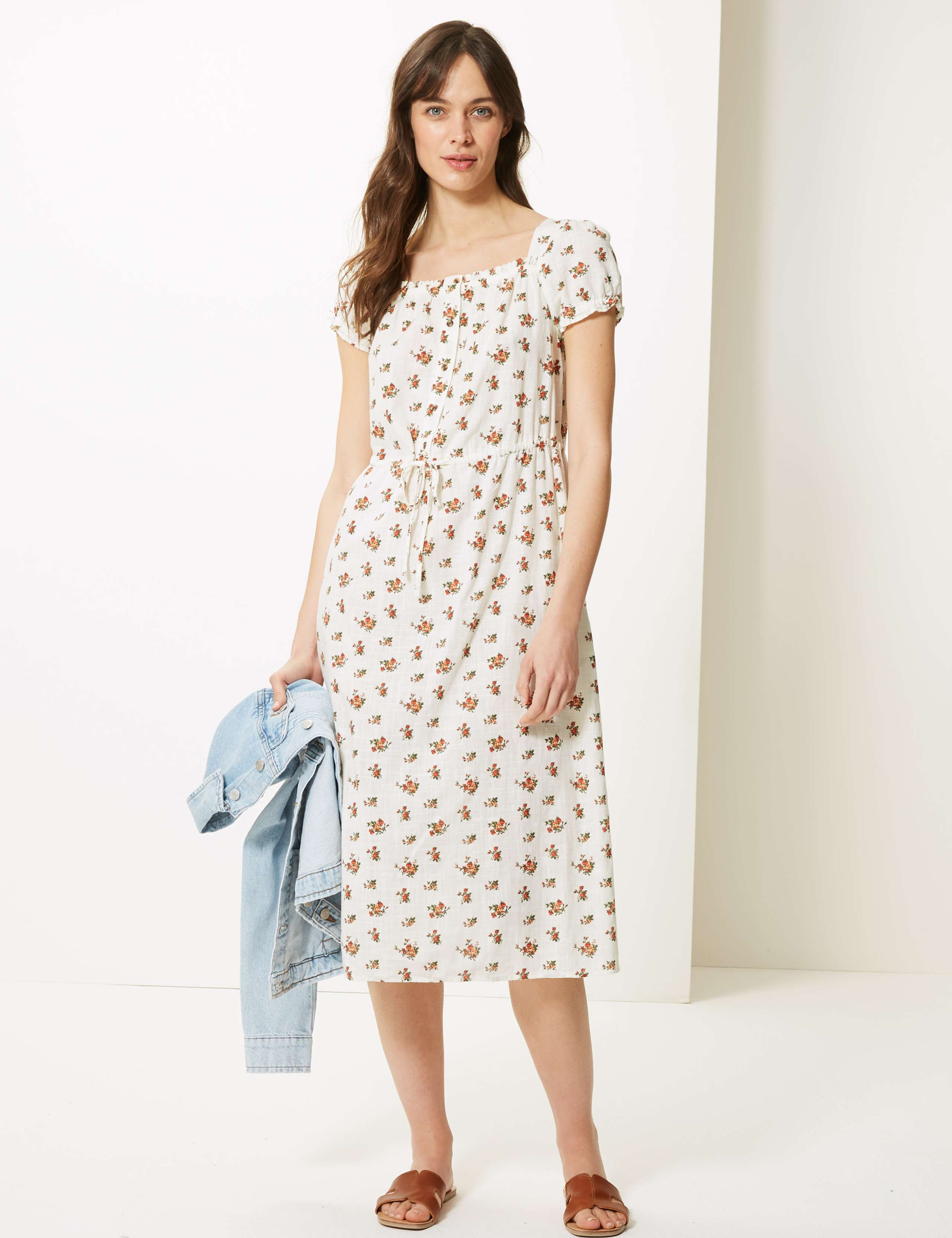 Pure Cotton Floral Waisted Midi Dress 1 of 4