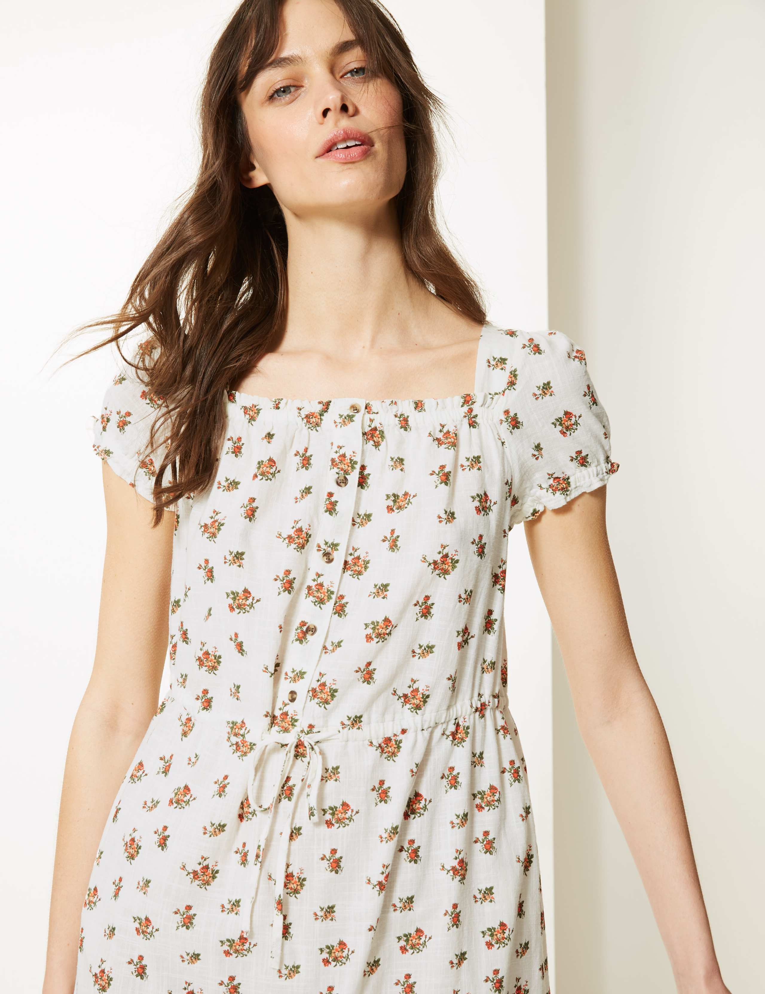 Pure Cotton Floral Waisted Midi Dress 3 of 4
