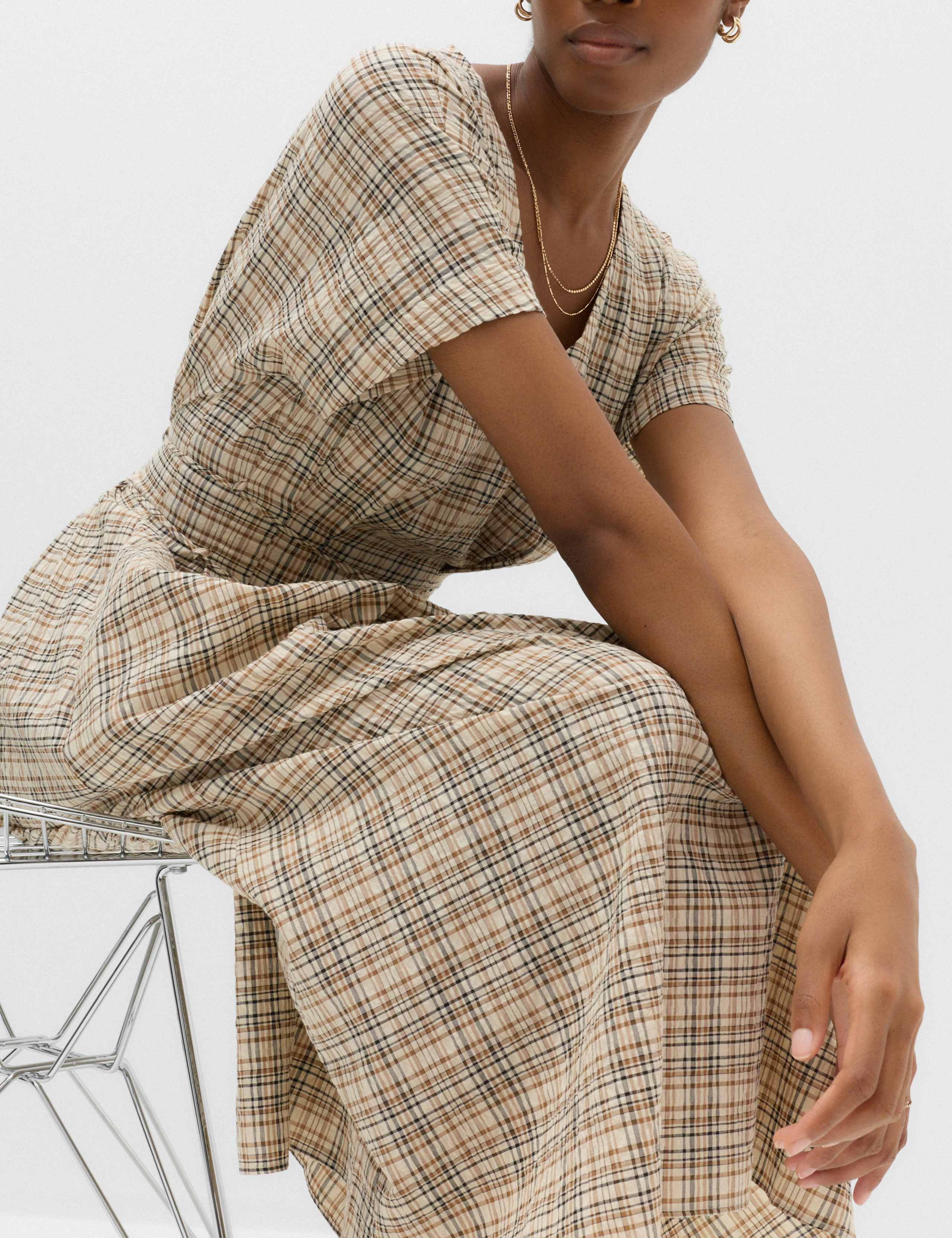 Pure Cotton Checked V-Neck Midi Waisted Dress 3 of 6