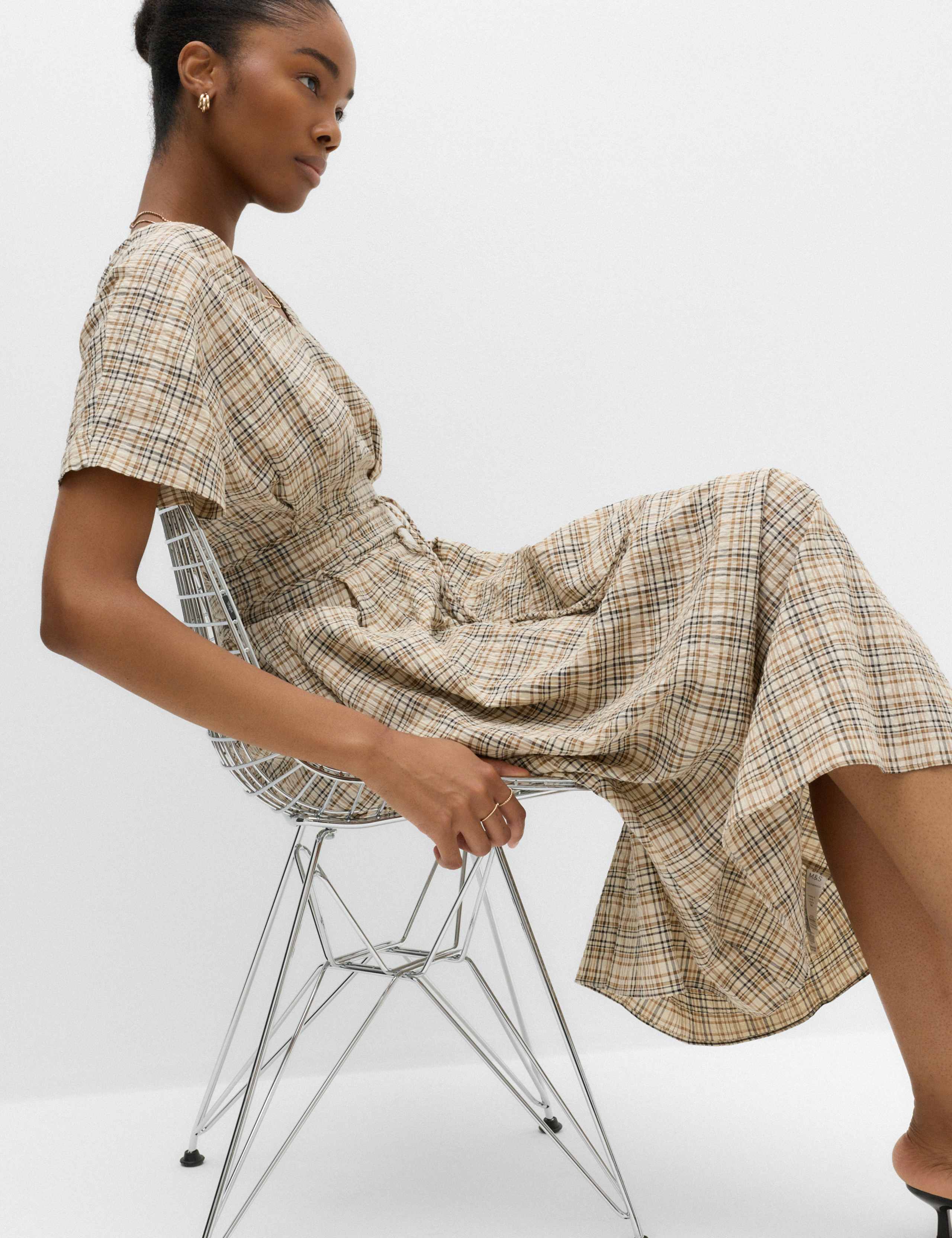Pure Cotton Checked V-Neck Midi Waisted Dress 6 of 6