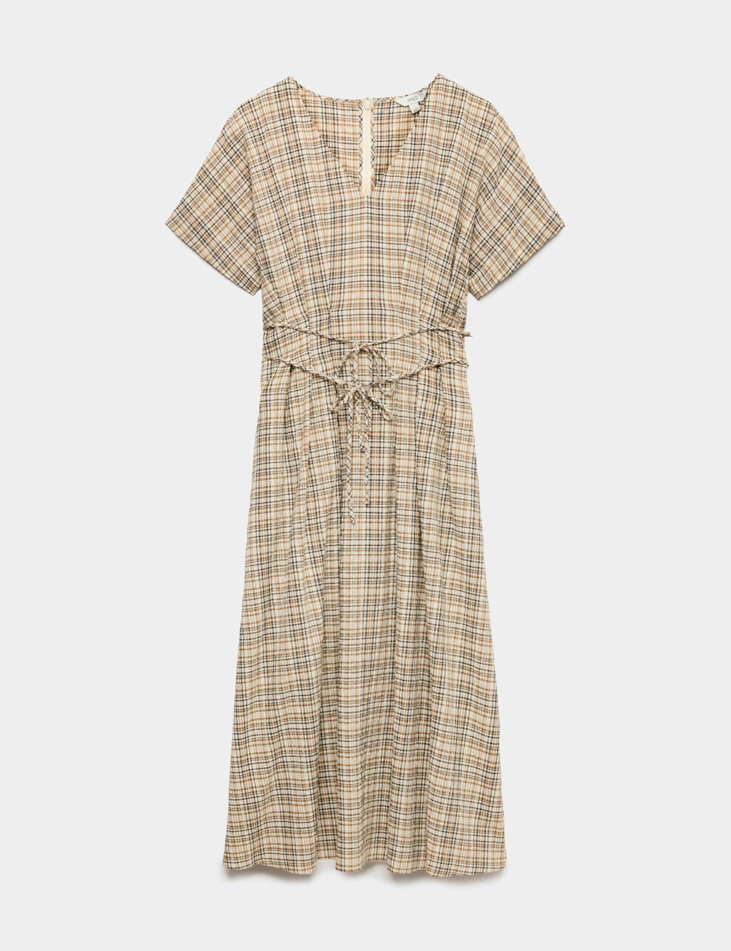 Pure Cotton Checked V-Neck Midi Waisted Dress 1 of 1
