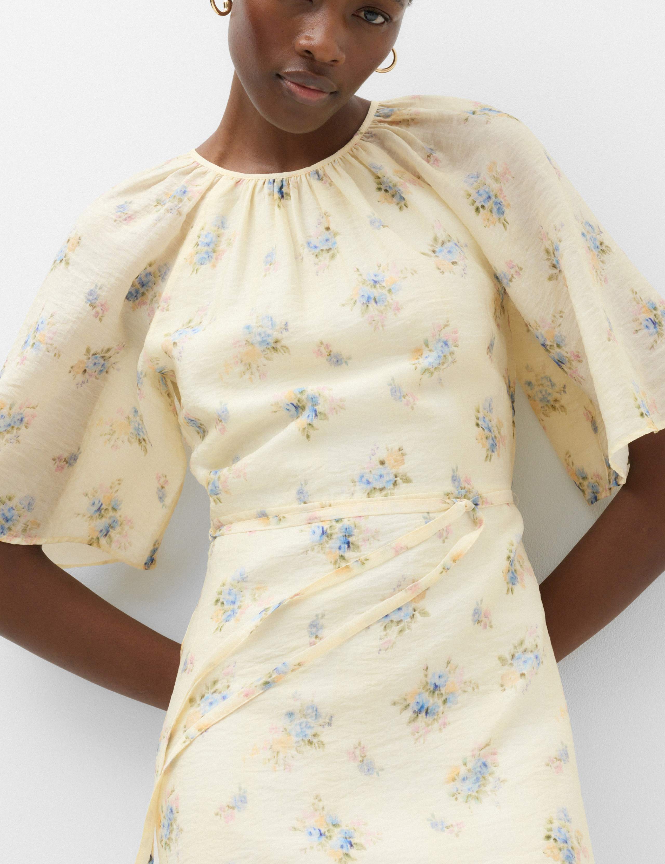 Floral Angel Sleeve Midi Waisted Dress 4 of 6