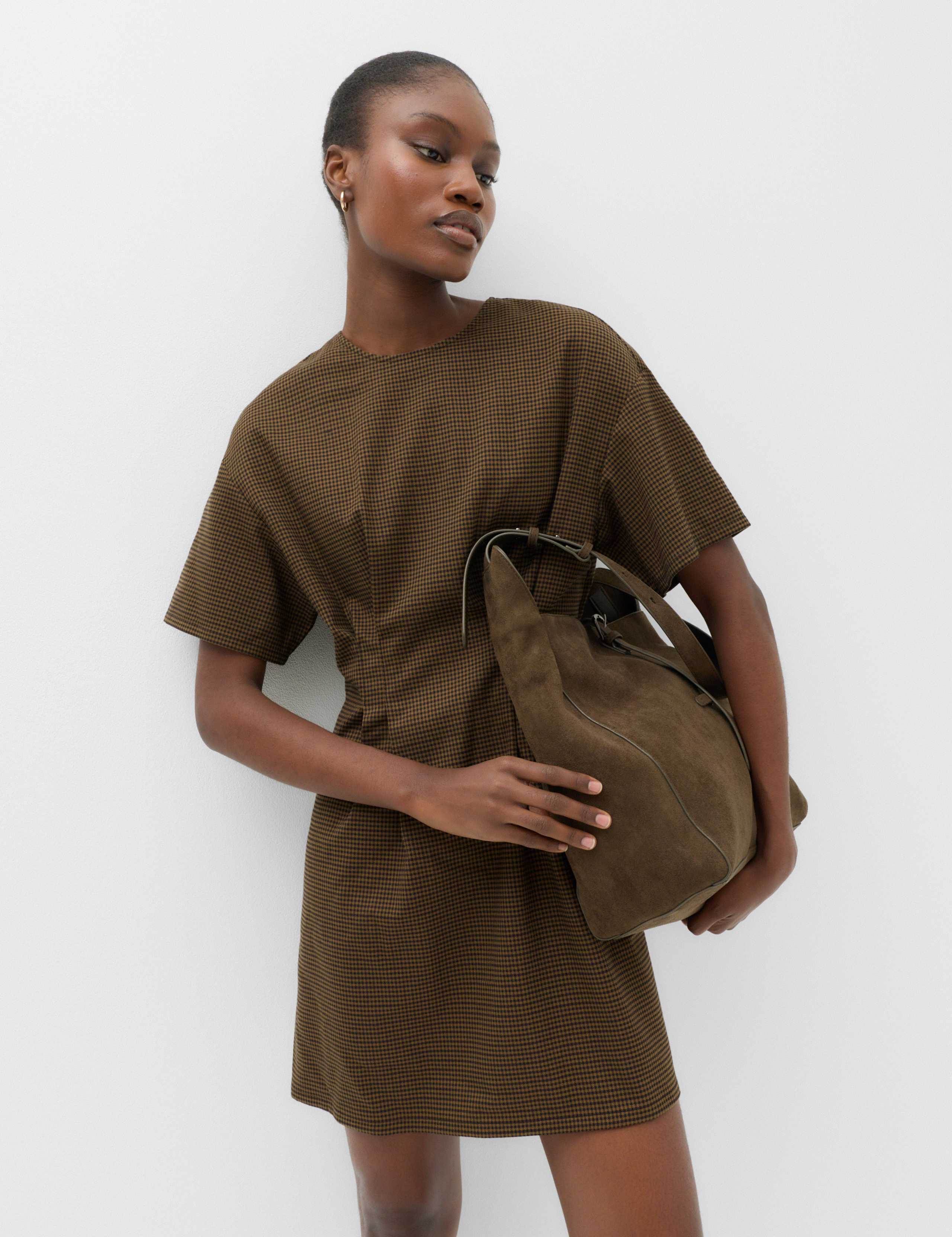 Checked Crew Neck Mini Waisted Dress 1 of 5