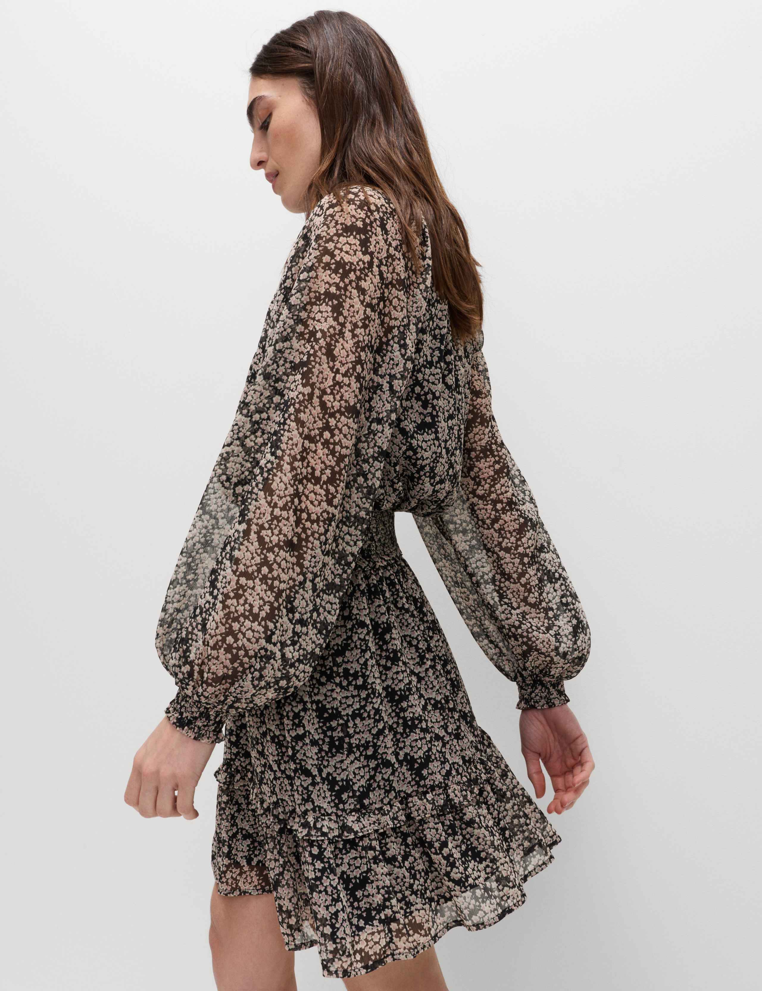 Chiffon Floral Tie Neck Mini Waisted Dress 1 of 6