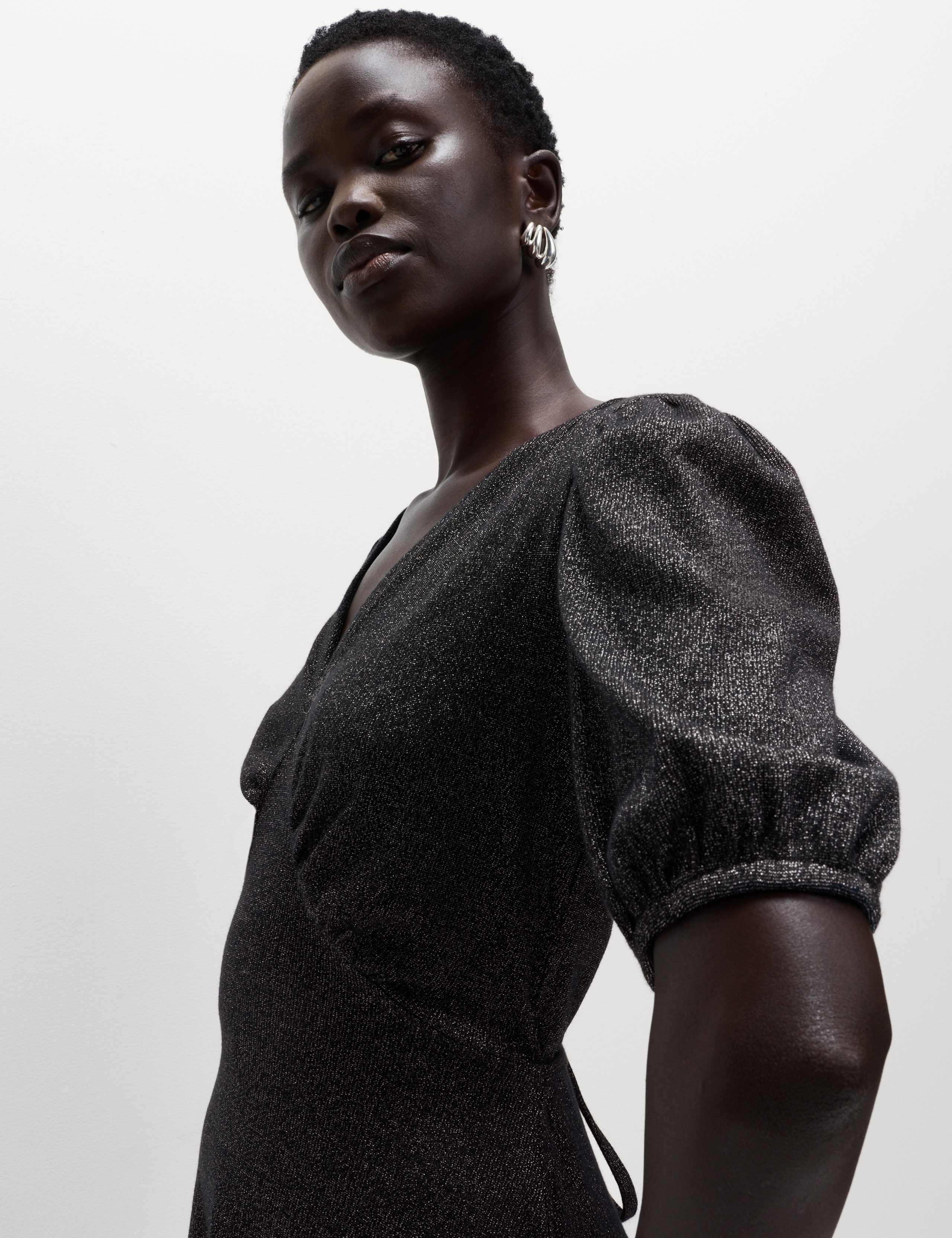 Sparkly V-Neck Puff Sleeve Mini Tea Dress 1 of 6