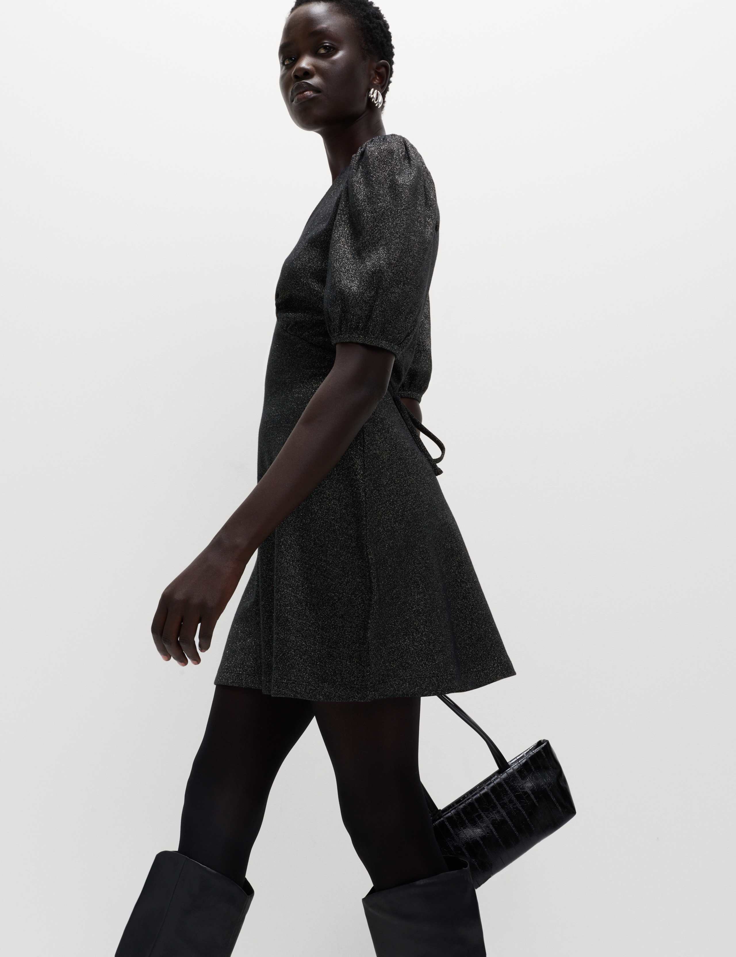 Sparkly V-Neck Puff Sleeve Mini Tea Dress 6 of 6