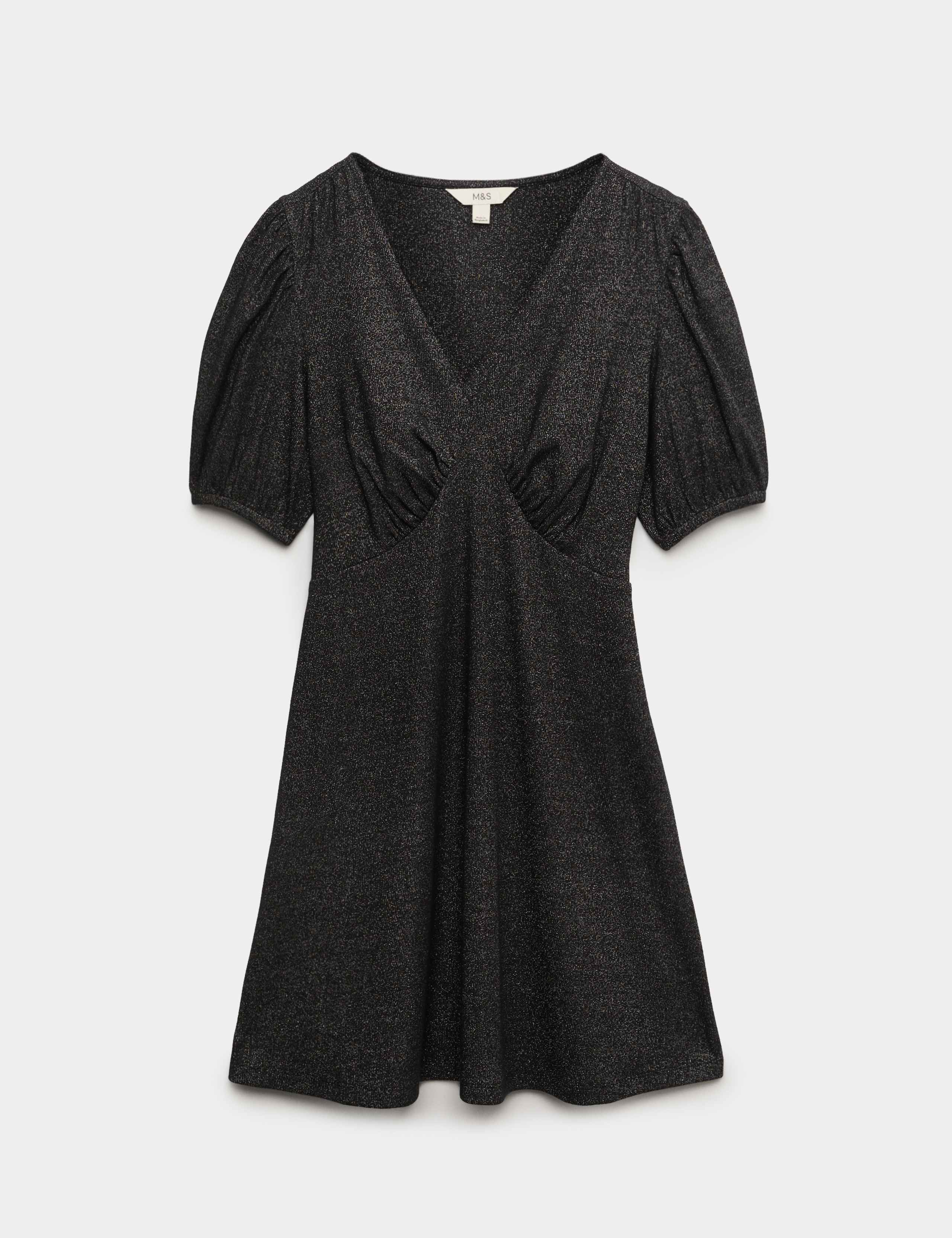 Sparkly V-Neck Puff Sleeve Mini Tea Dress 1 of 1