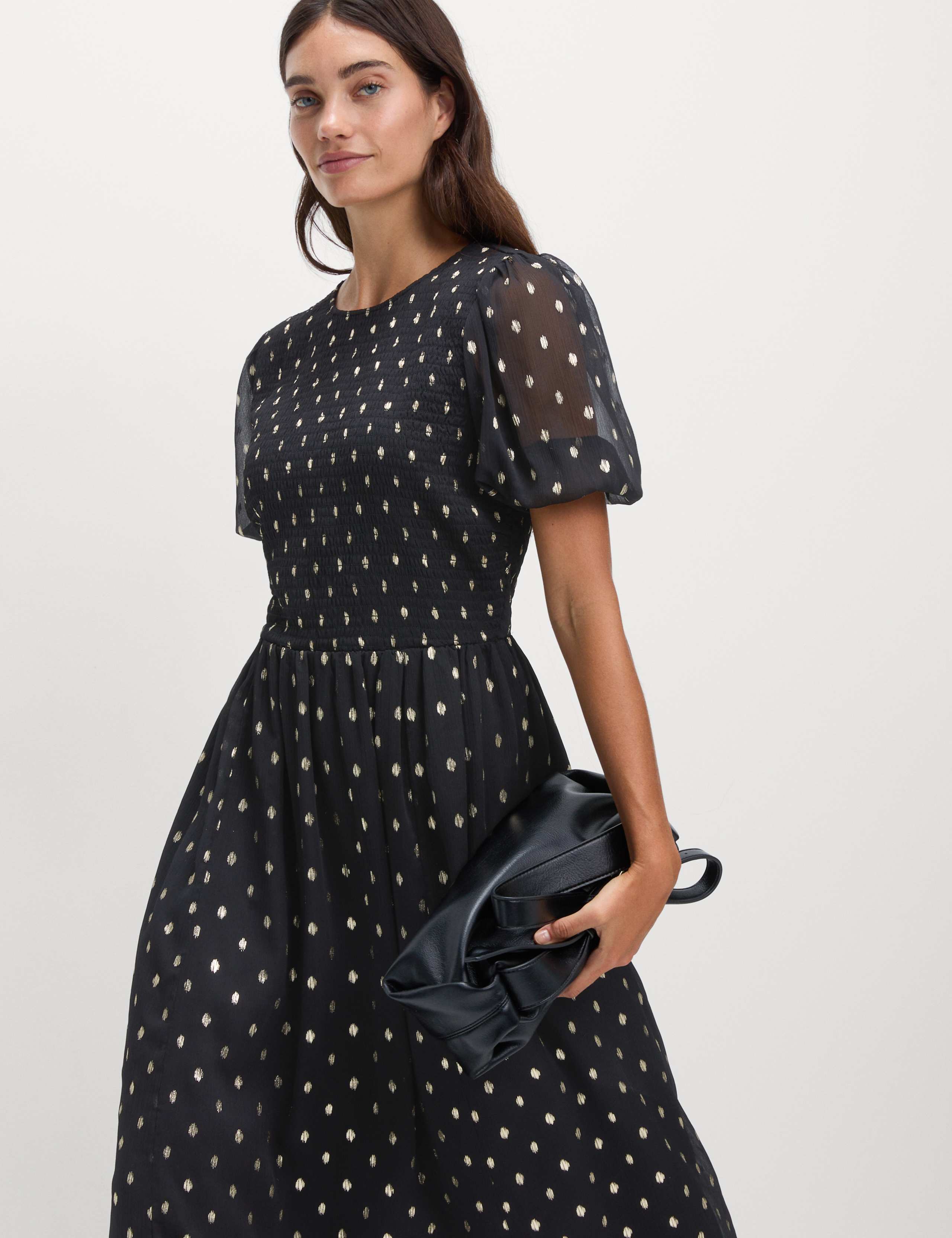 Metallic Spot Print Midi Waisted Dress 1 of 5