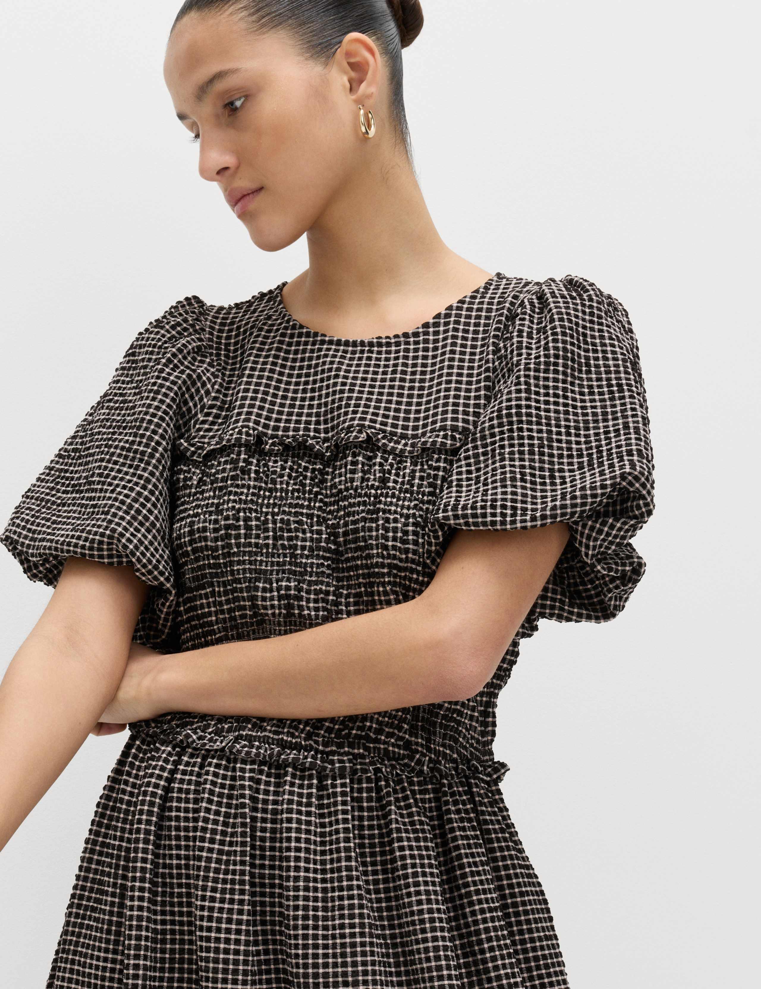 Gingham Puff Sleeve Midi Waisted Dress 3 of 7