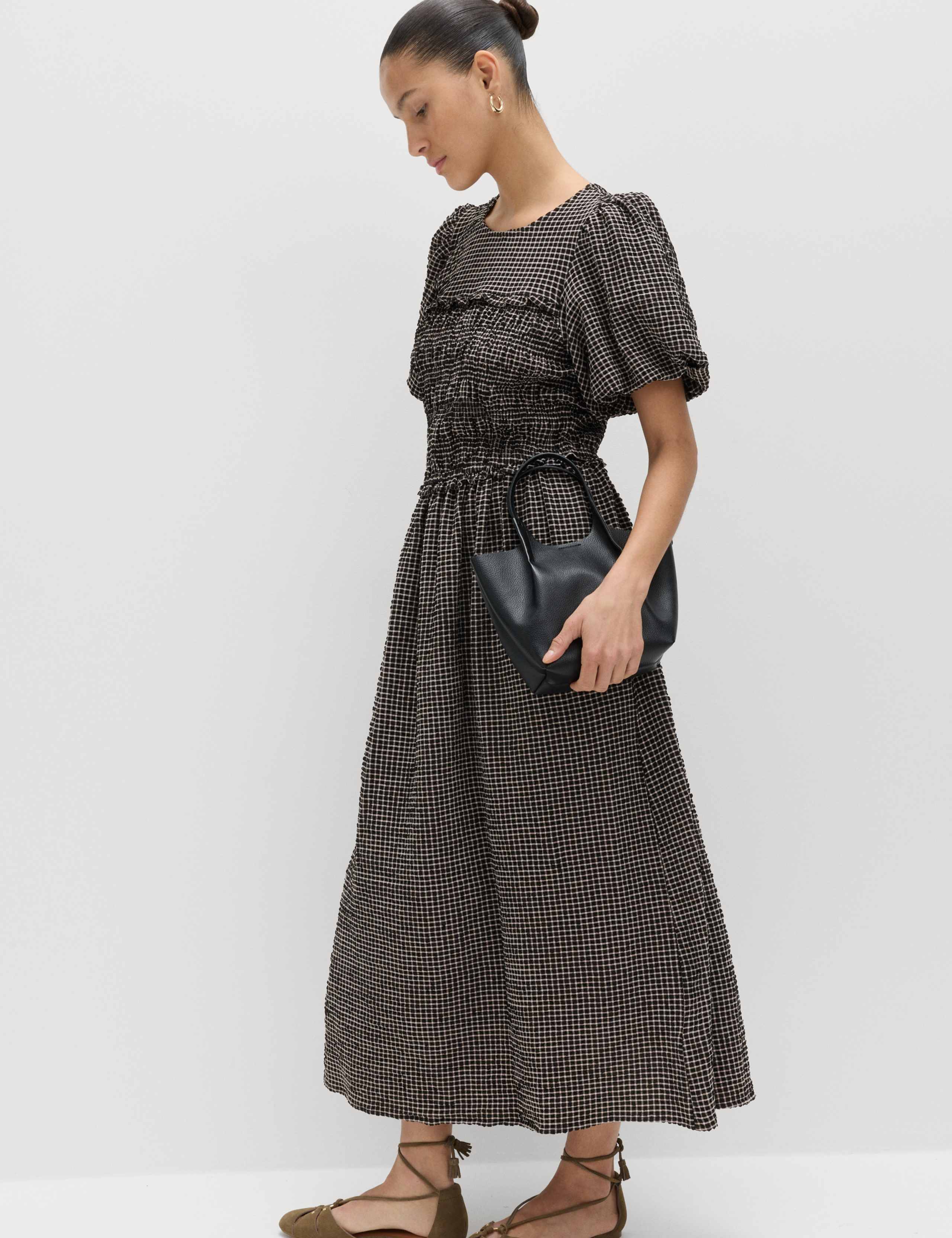 Gingham Puff Sleeve Midi Waisted Dress 4 of 7