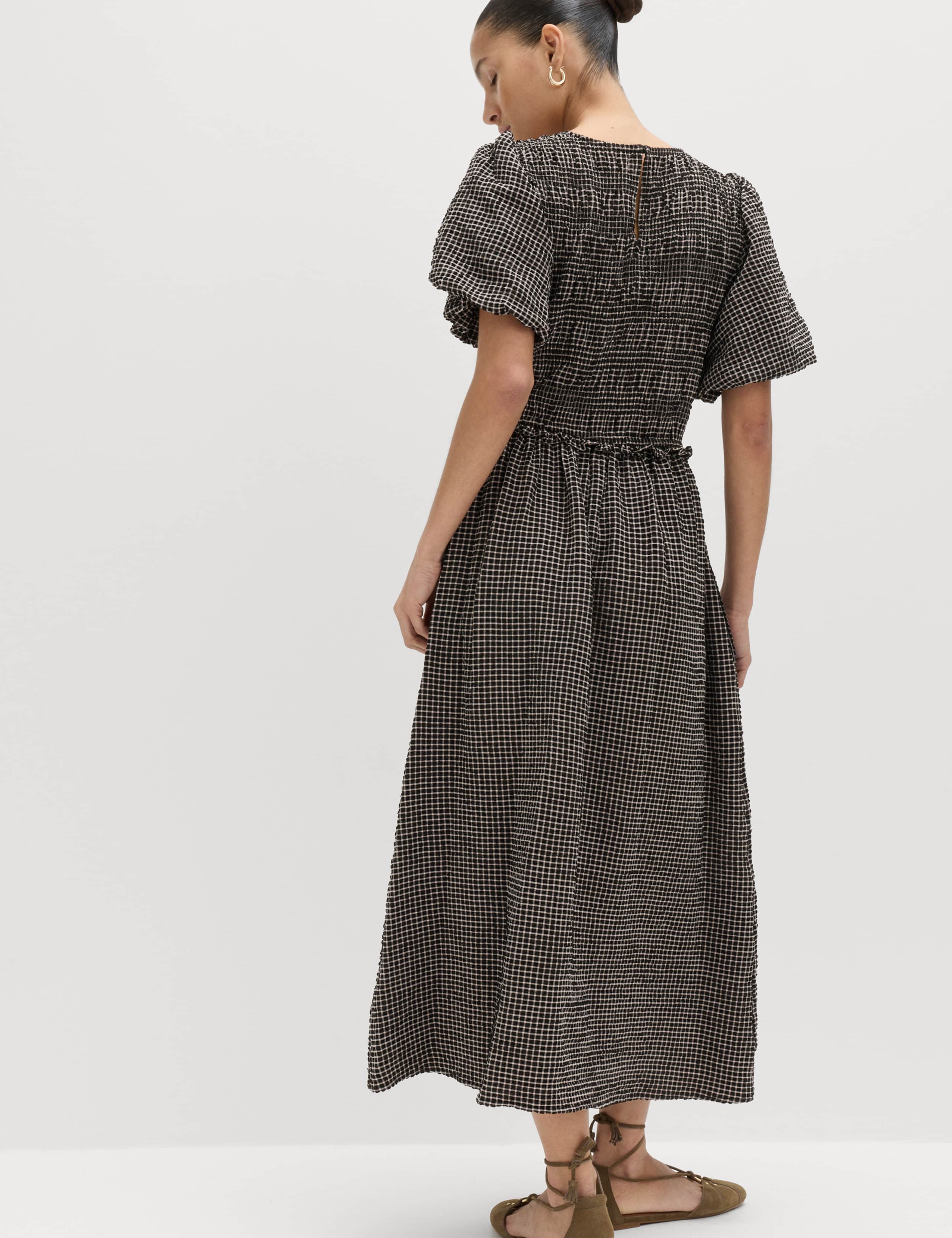 Gingham Puff Sleeve Midi Waisted Dress 6 of 7