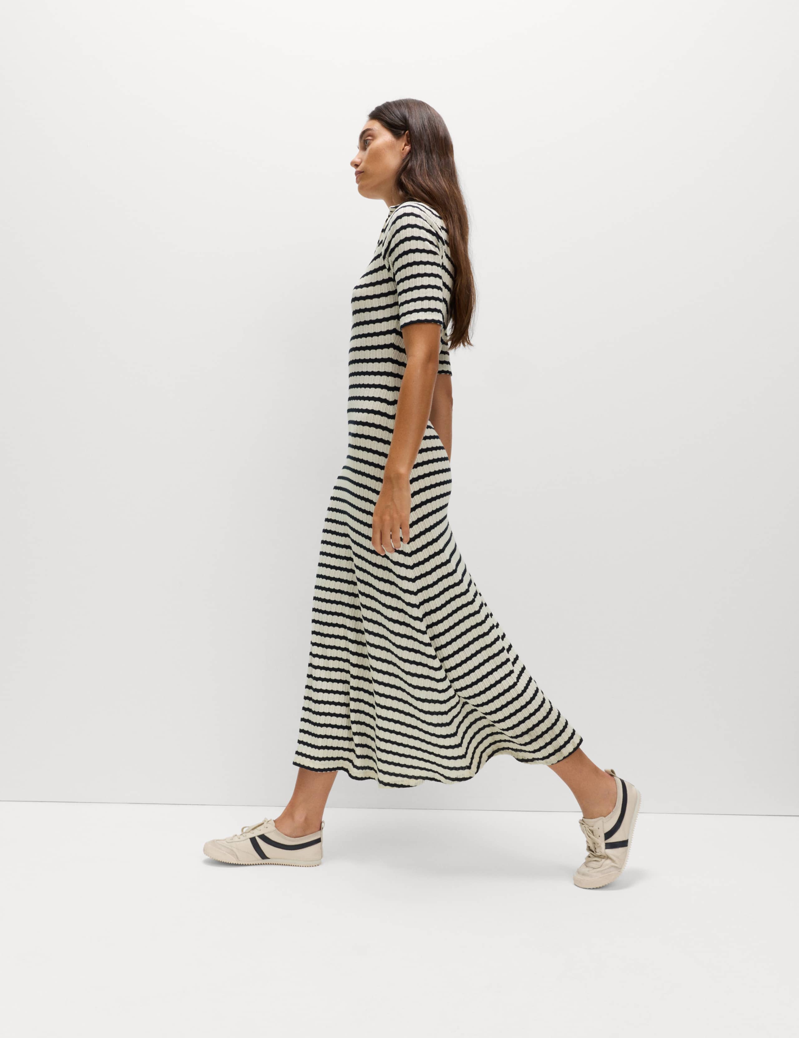 Jersey Striped V-Neck Midi Waisted Dress 4 of 7