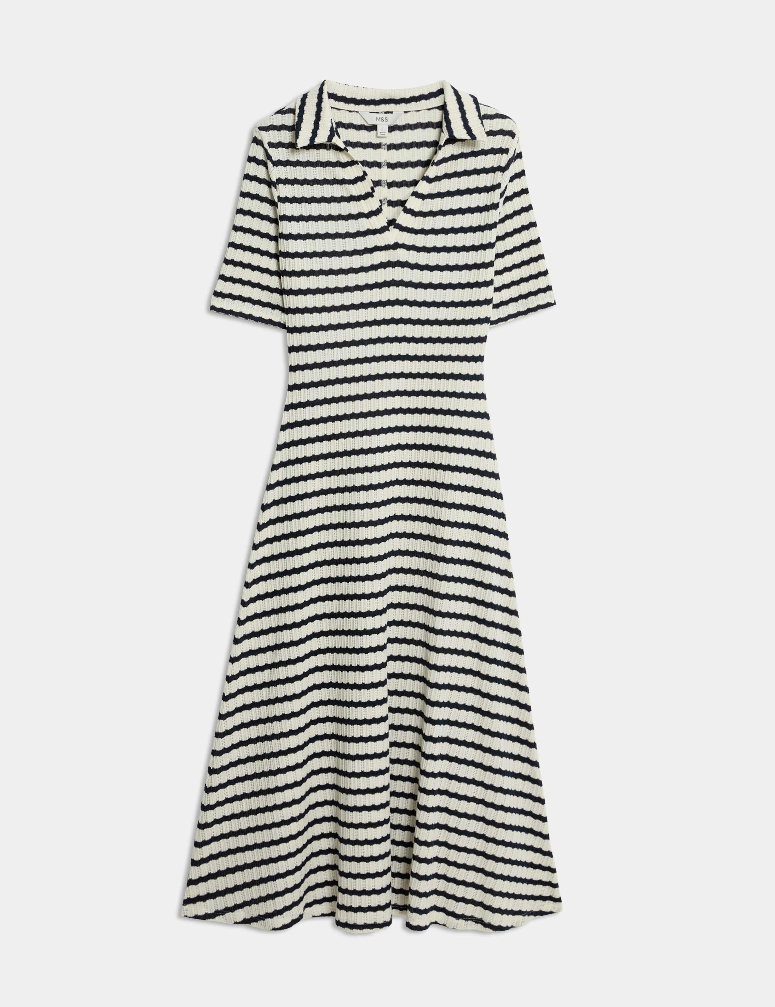 Jersey Striped V-Neck Midi Waisted Dress 2 of 7
