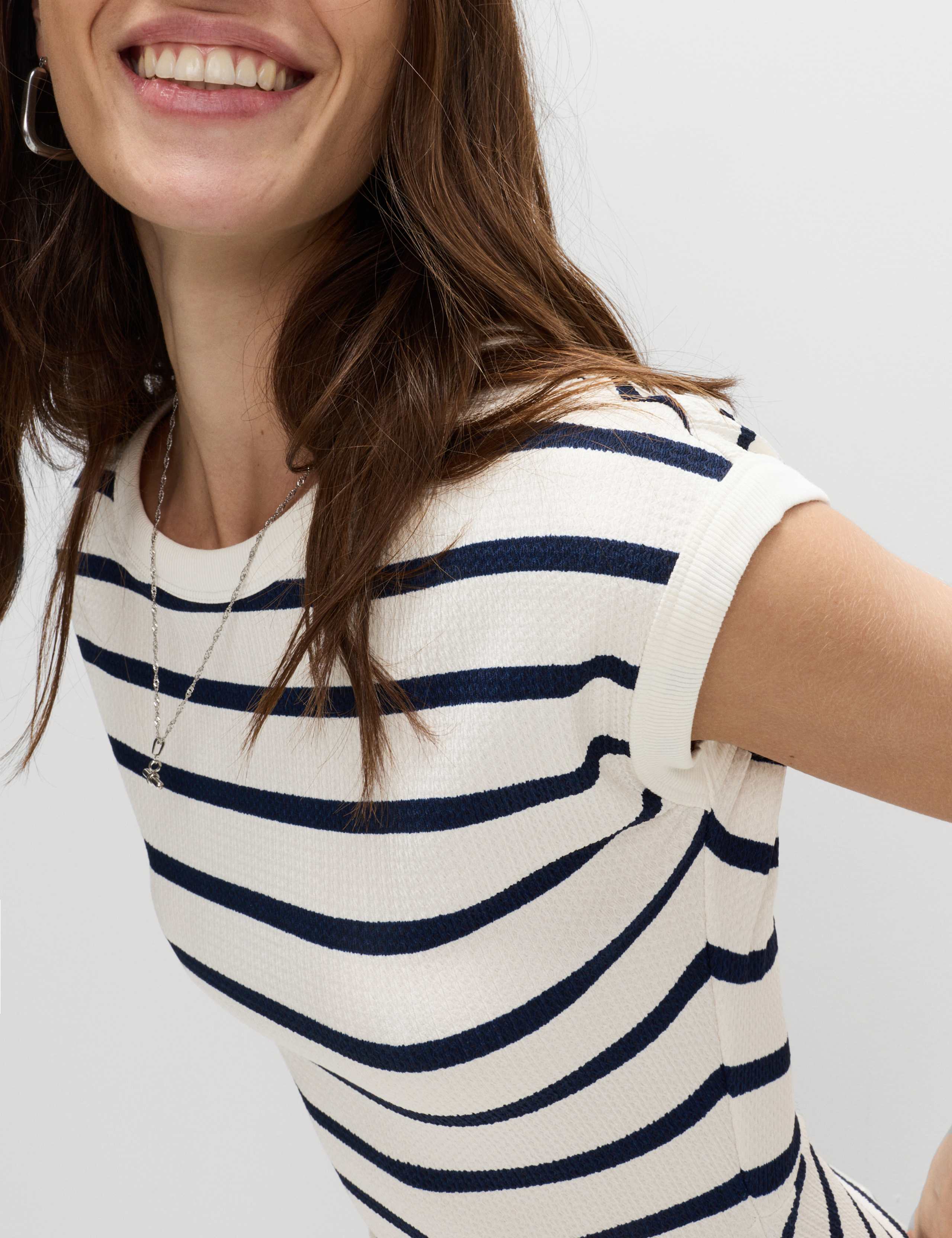 Striped Ribbed Round Neck Mini Skater Dress 3 of 7