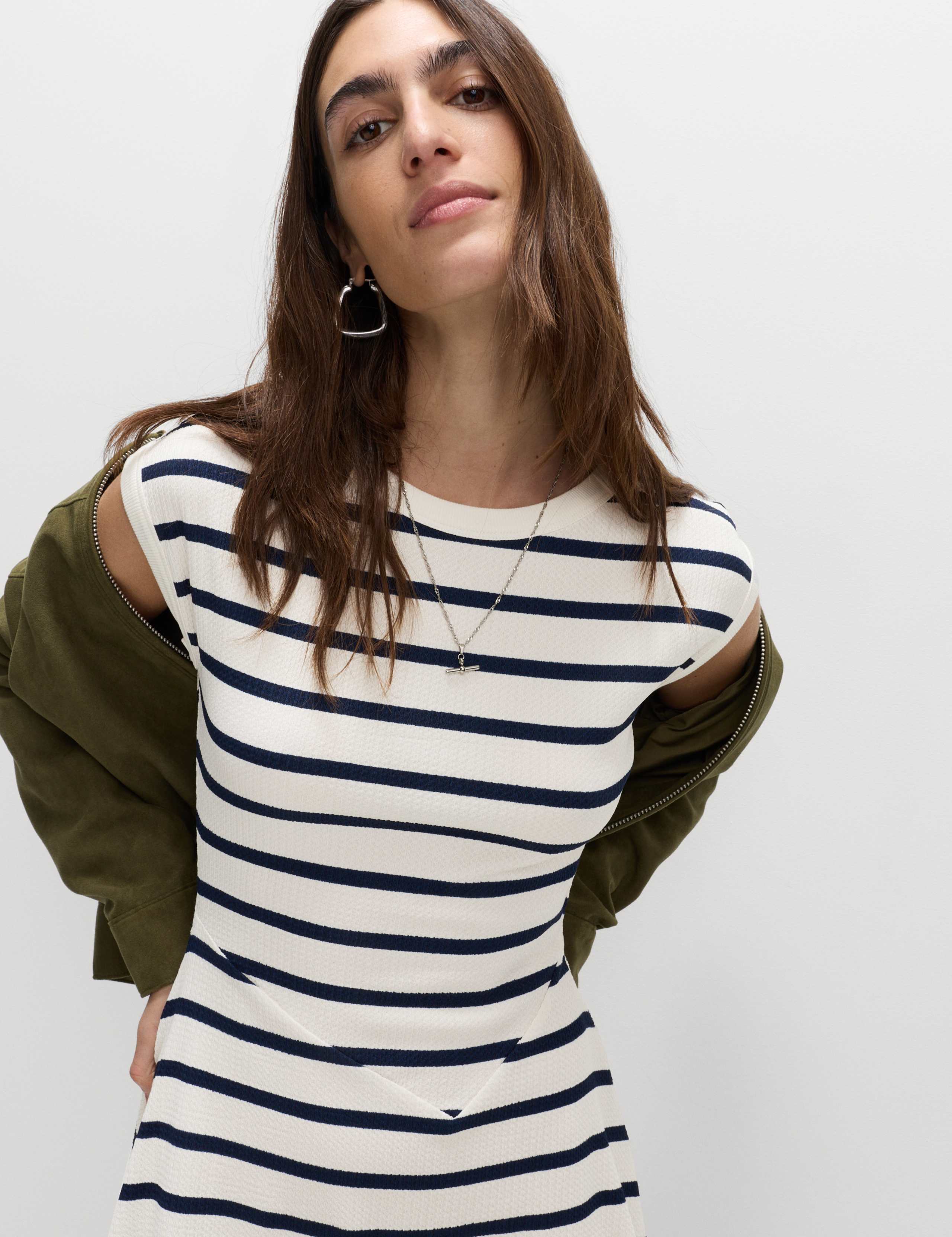 Striped Ribbed Round Neck Mini Skater Dress 5 of 7