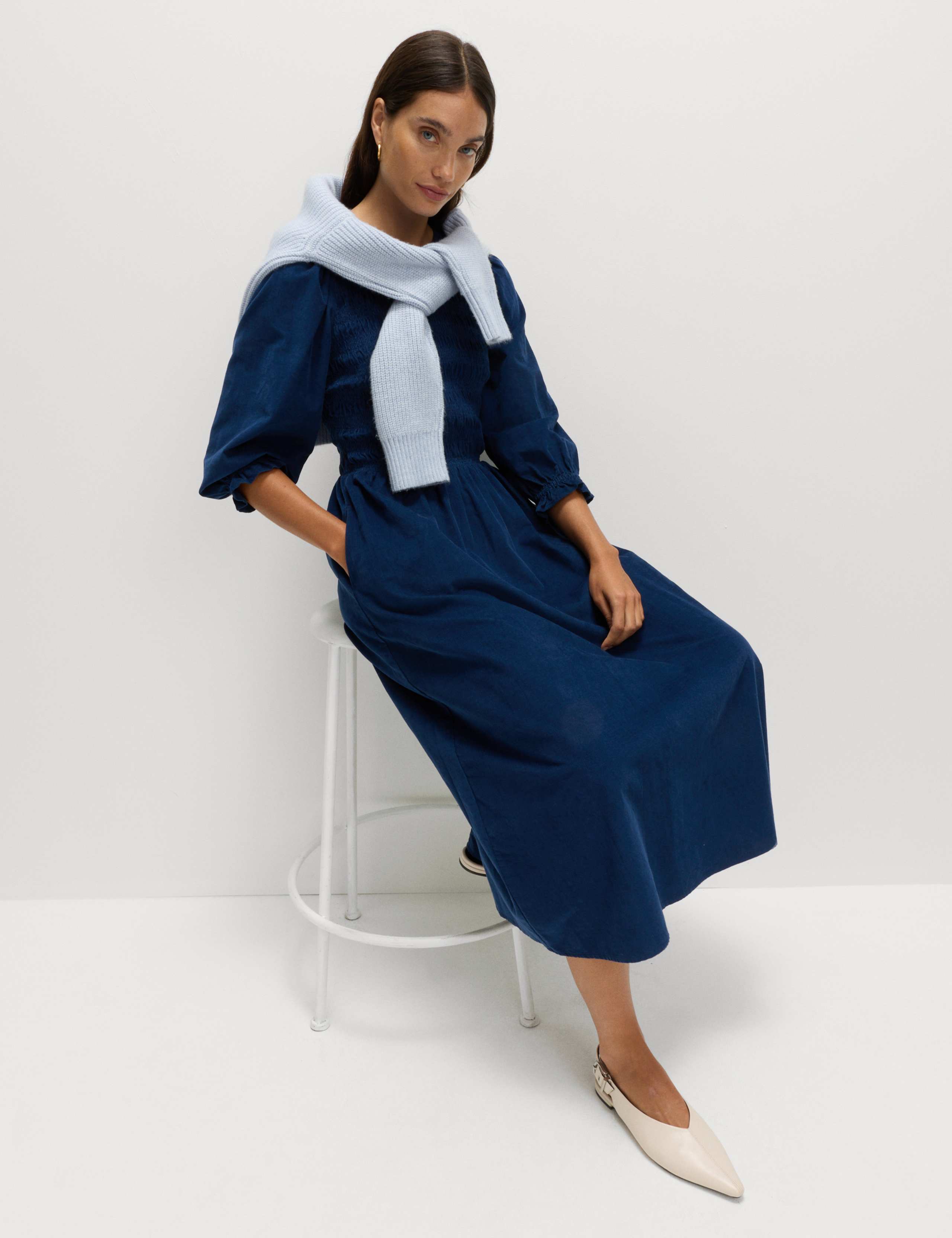 Corduroy Midi Shirred Waisted Dress 3 of 5