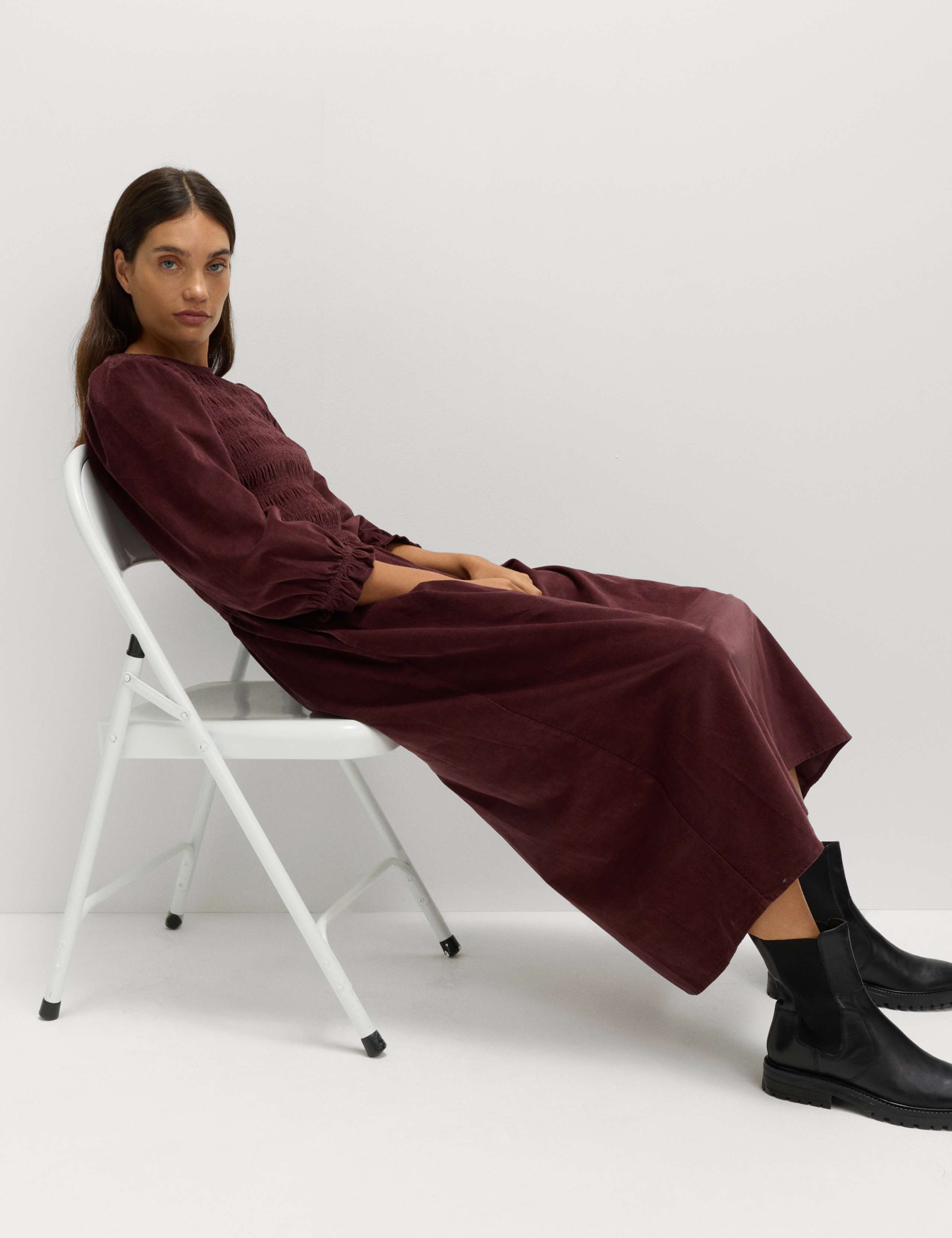 Corduroy Midi Shirred Waisted Dress 3 of 6