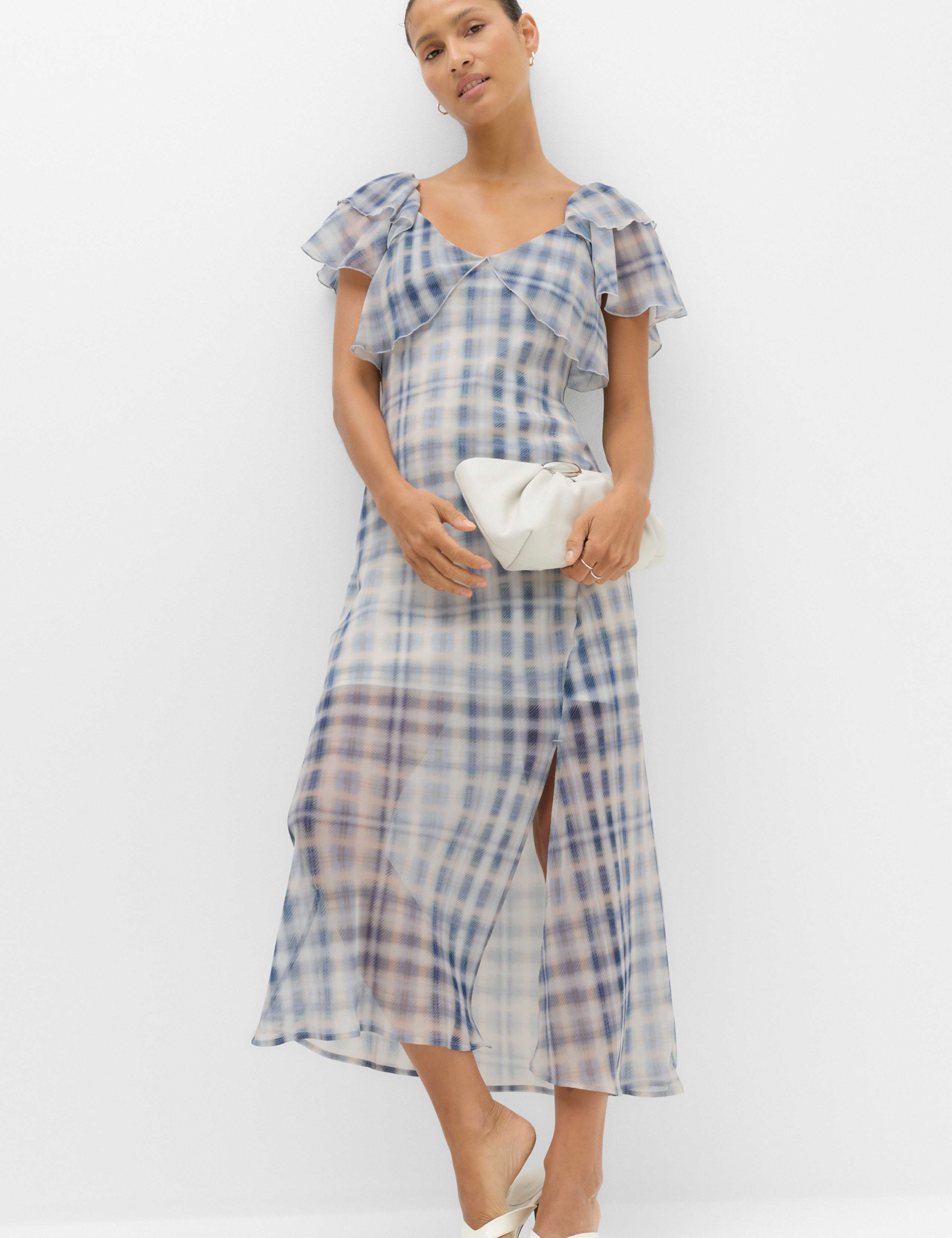 Checked Frill Sleeve Maxi Column Dress 1 of 7