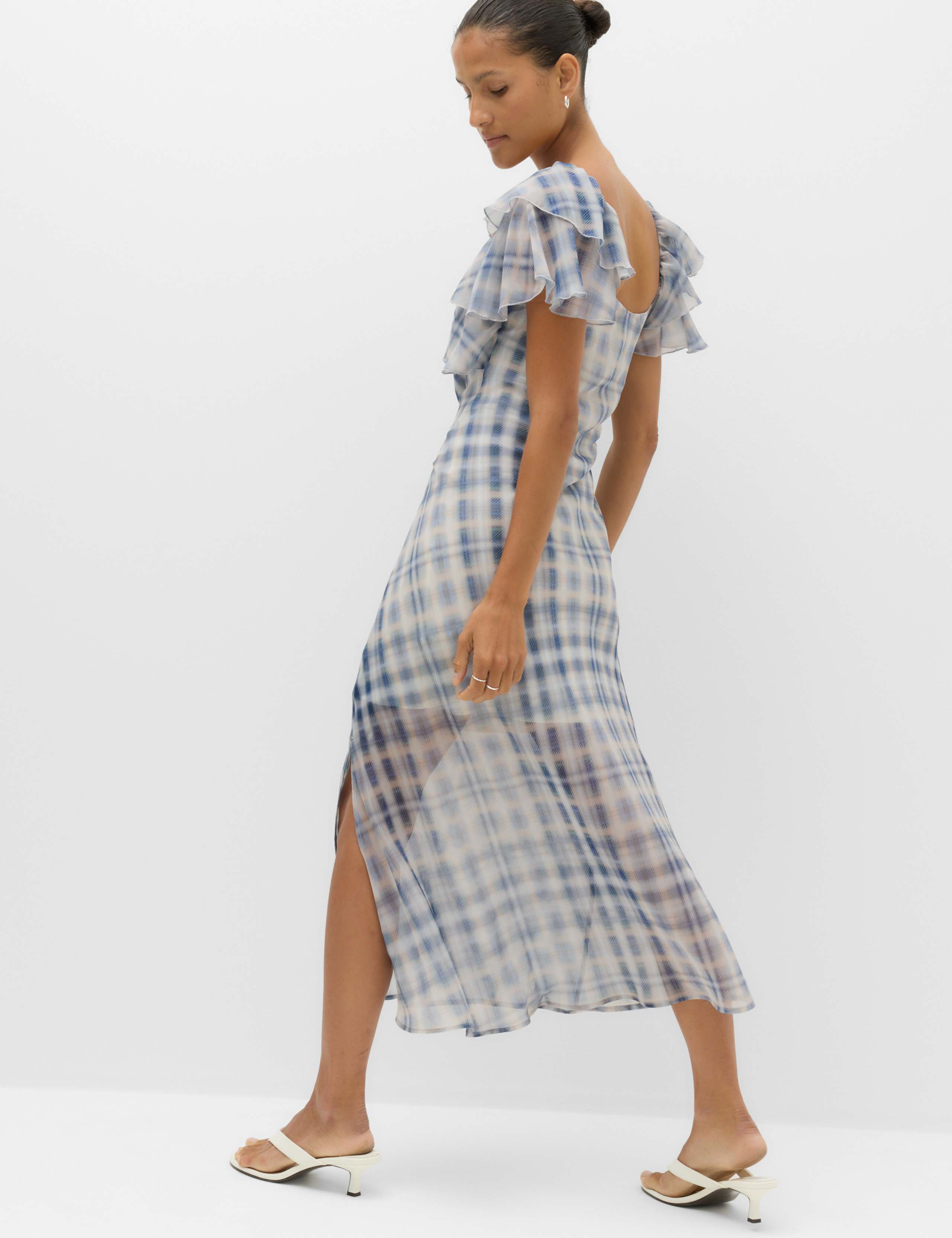 Checked Frill Sleeve Maxi Column Dress 4 of 7