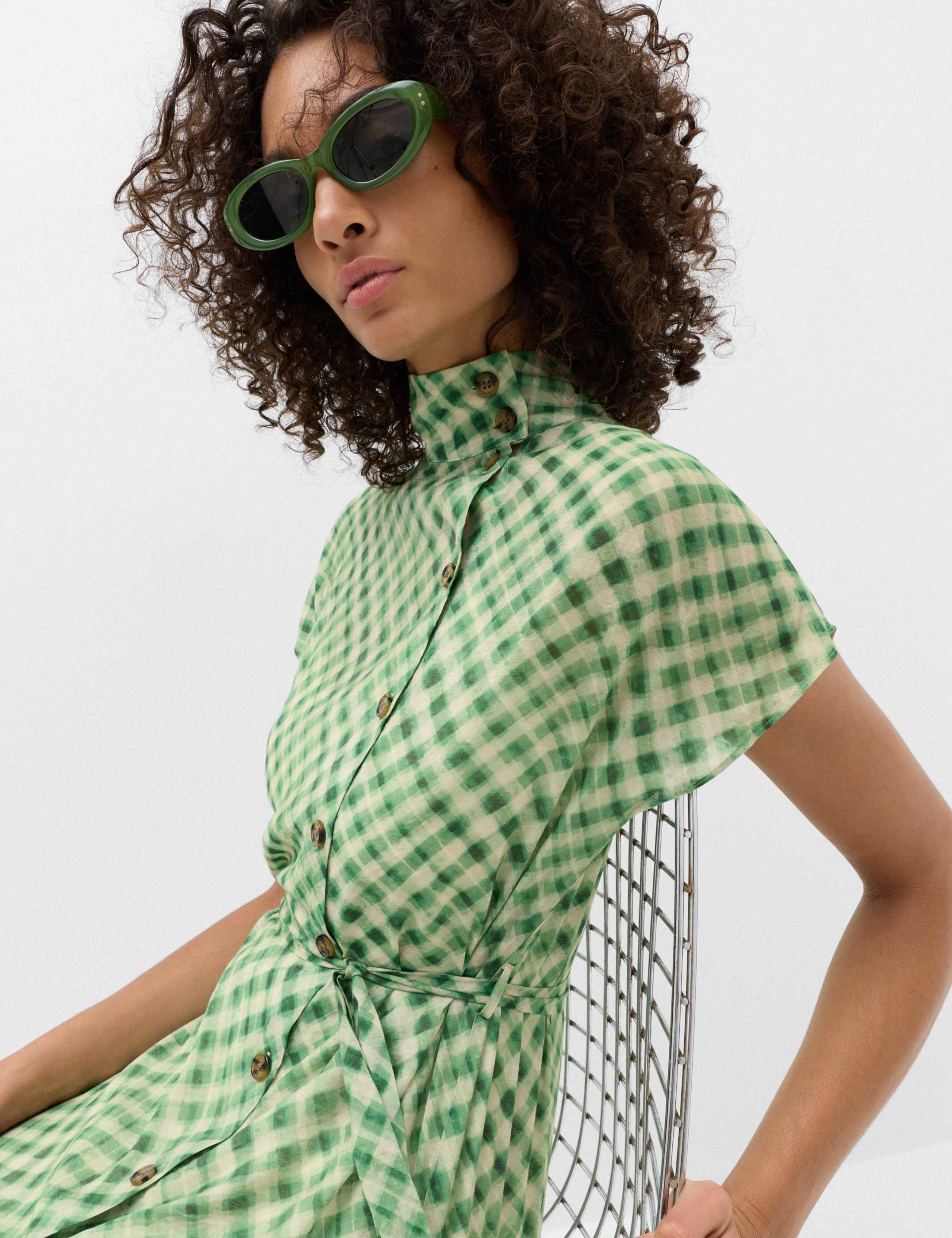 Gingham Funnel Neck Midi Shirt Dress 5 of 6