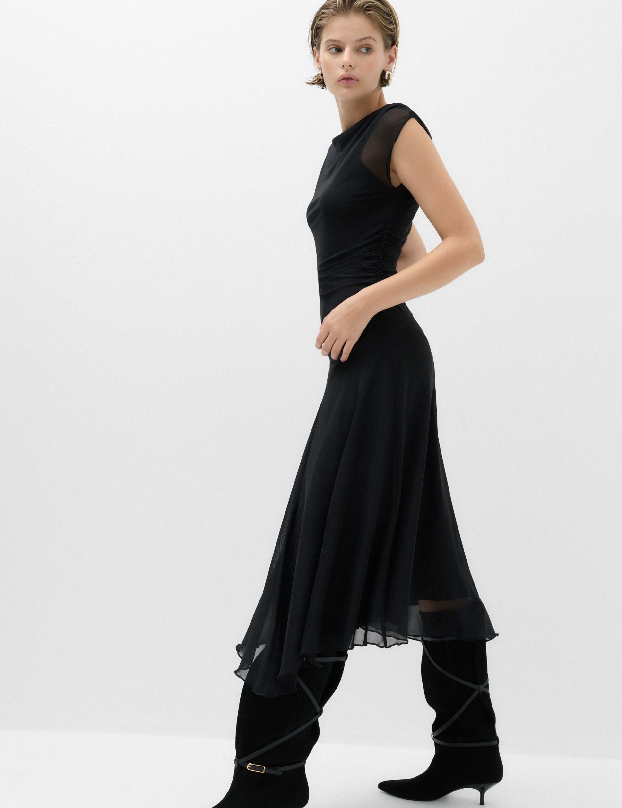 Mesh Slash Neck Draped Midi Waisted Dress 1 of 6