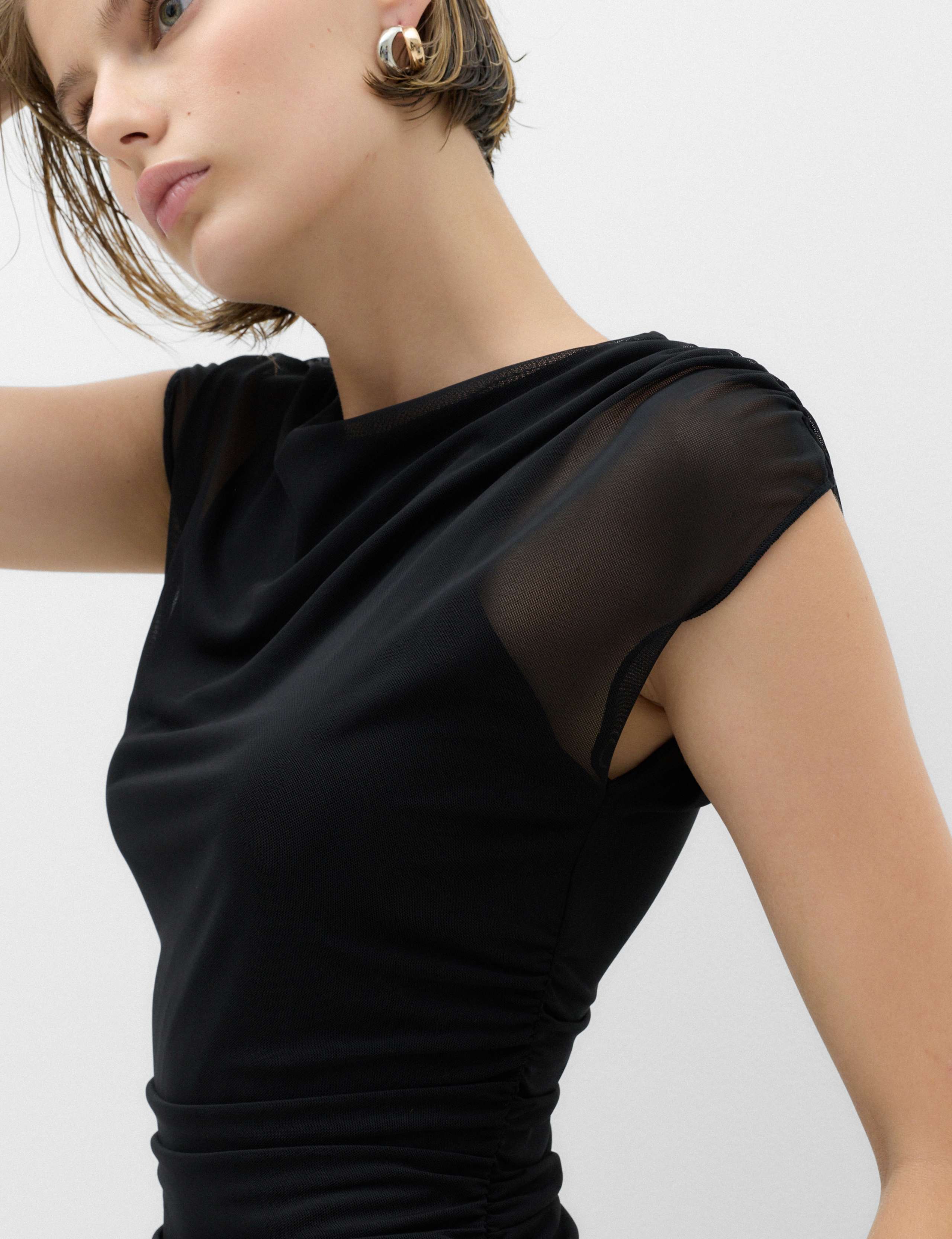 Mesh Slash Neck Draped Midi Waisted Dress 3 of 6