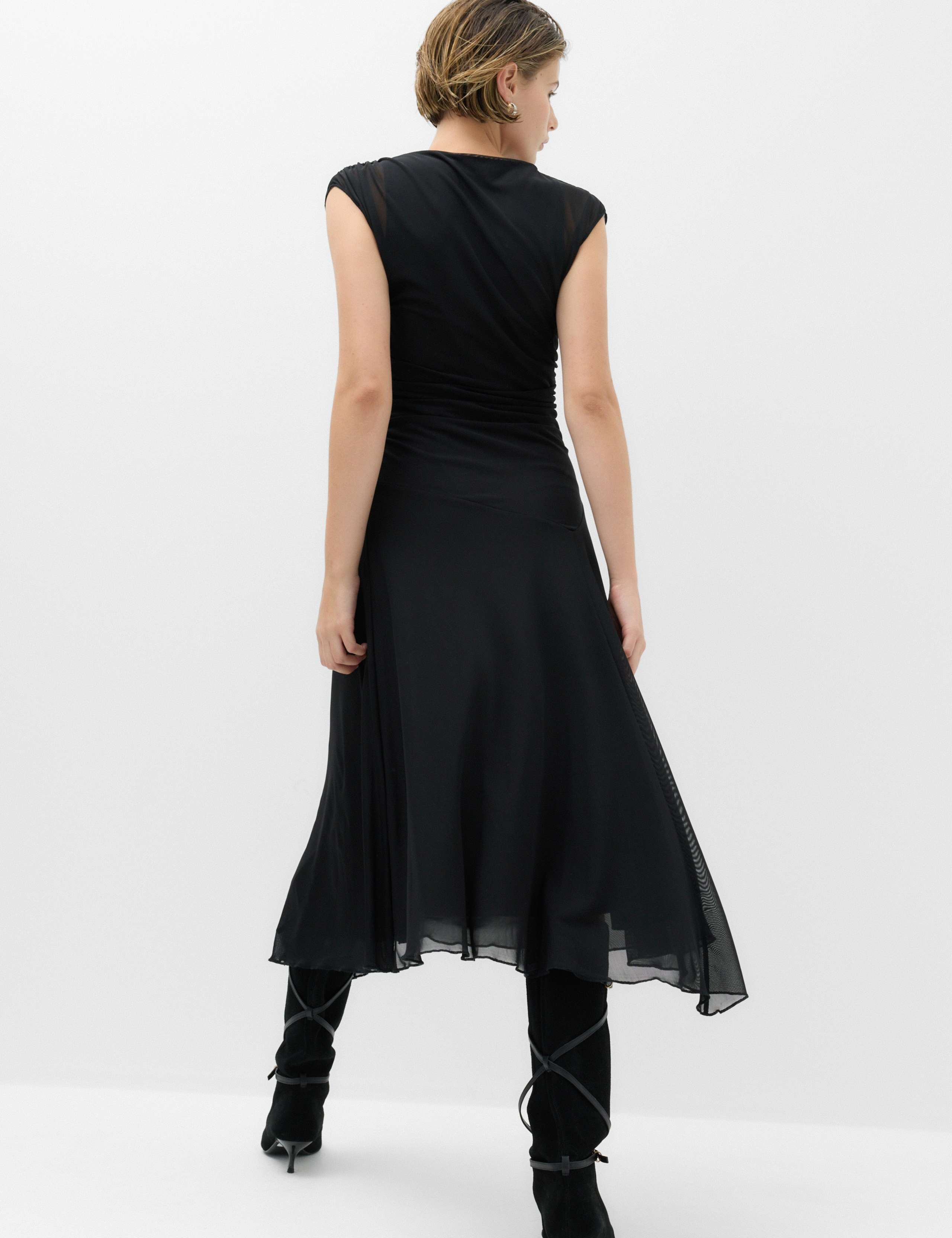 Mesh Slash Neck Draped Midi Waisted Dress 4 of 6