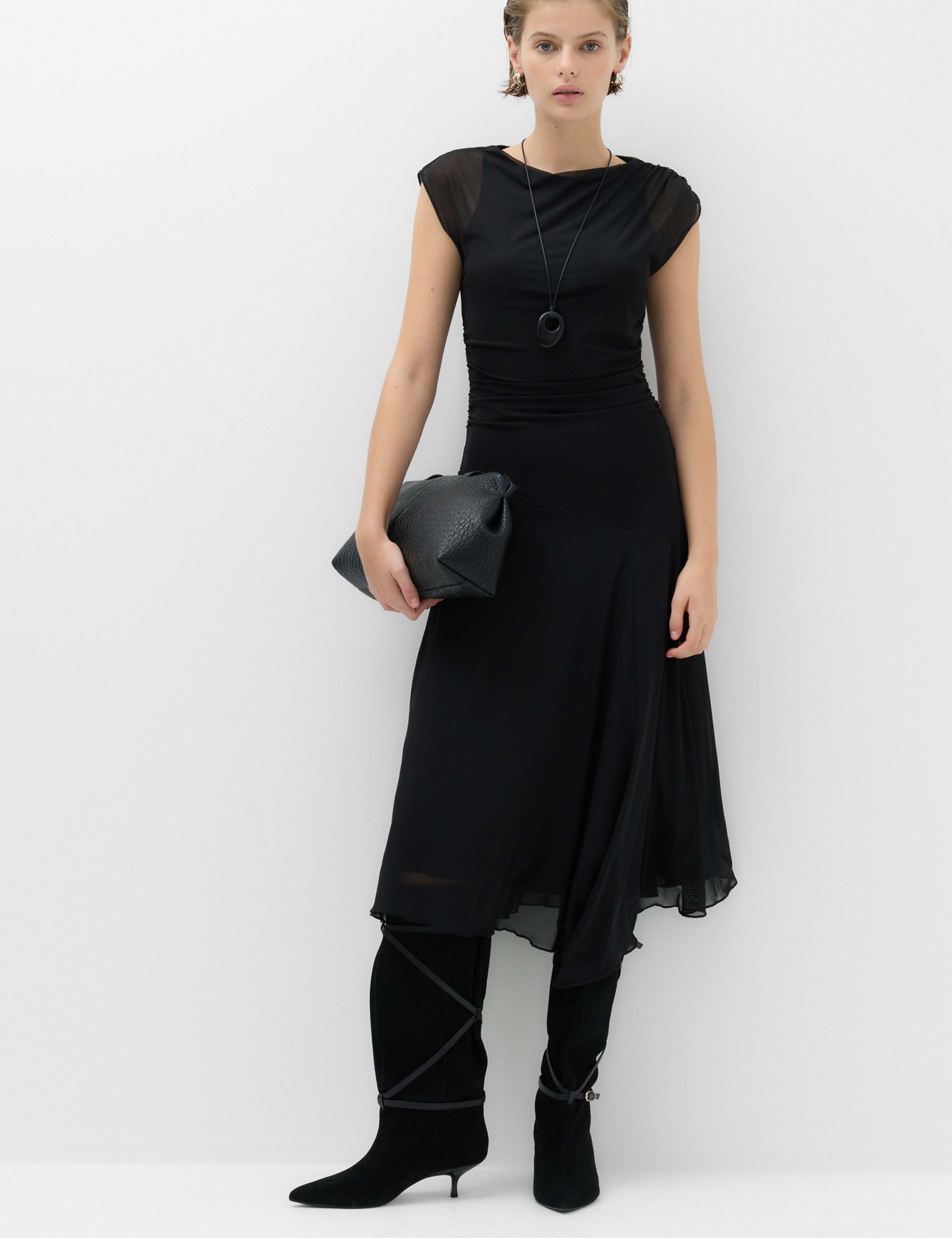 Mesh Slash Neck Draped Midi Waisted Dress 5 of 6