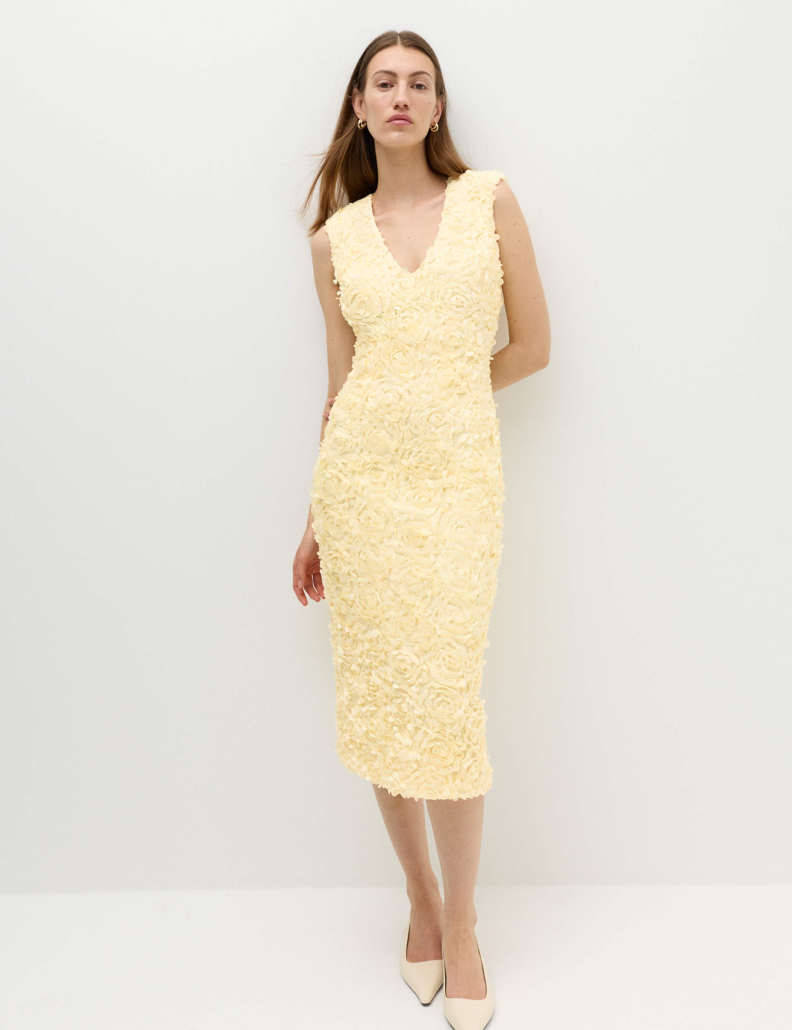 Floral Appliqué V-Neck Midi Bodycon Dress 1 of 6