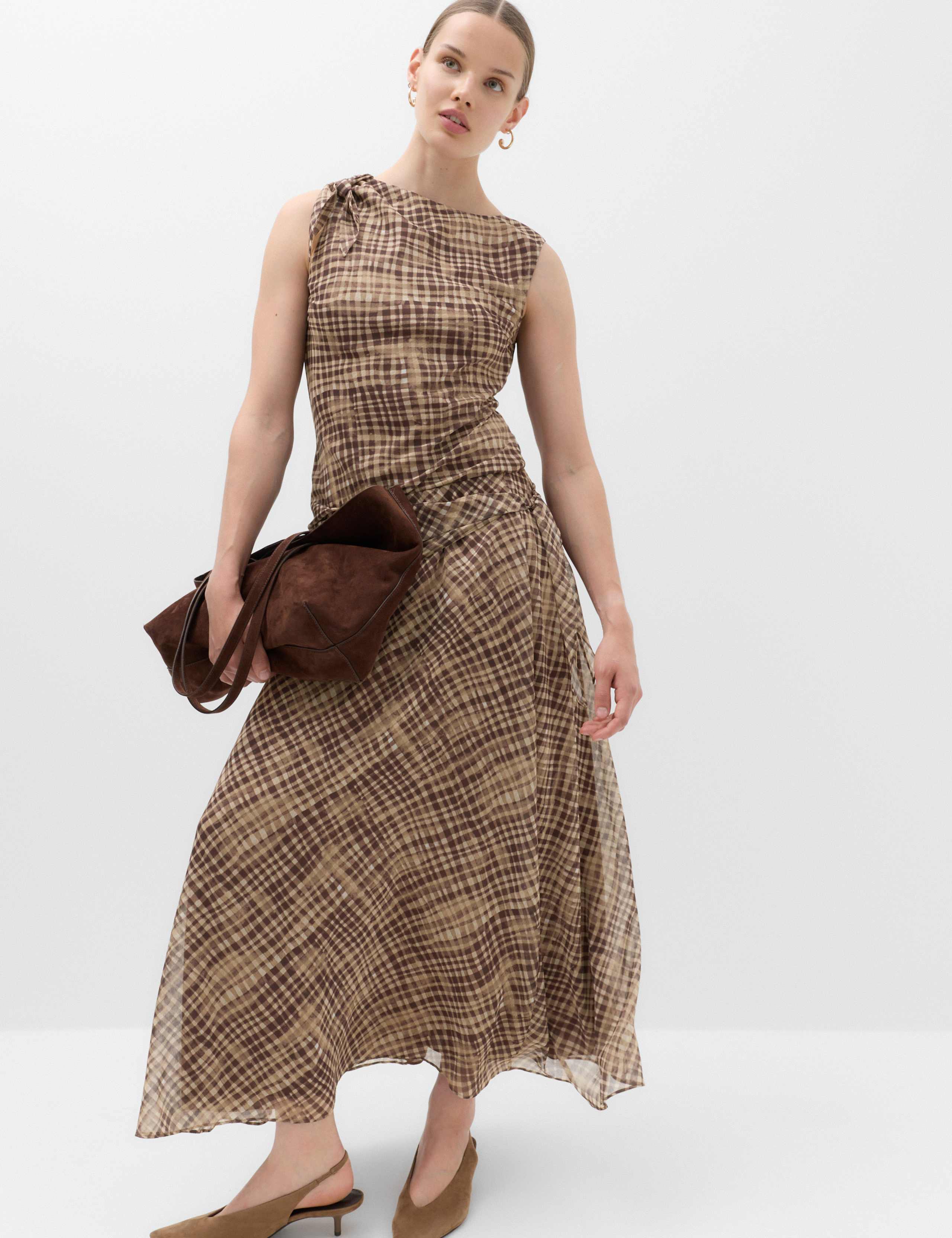Checked Wrap Detail Midi Slip Skirt 1 of 6