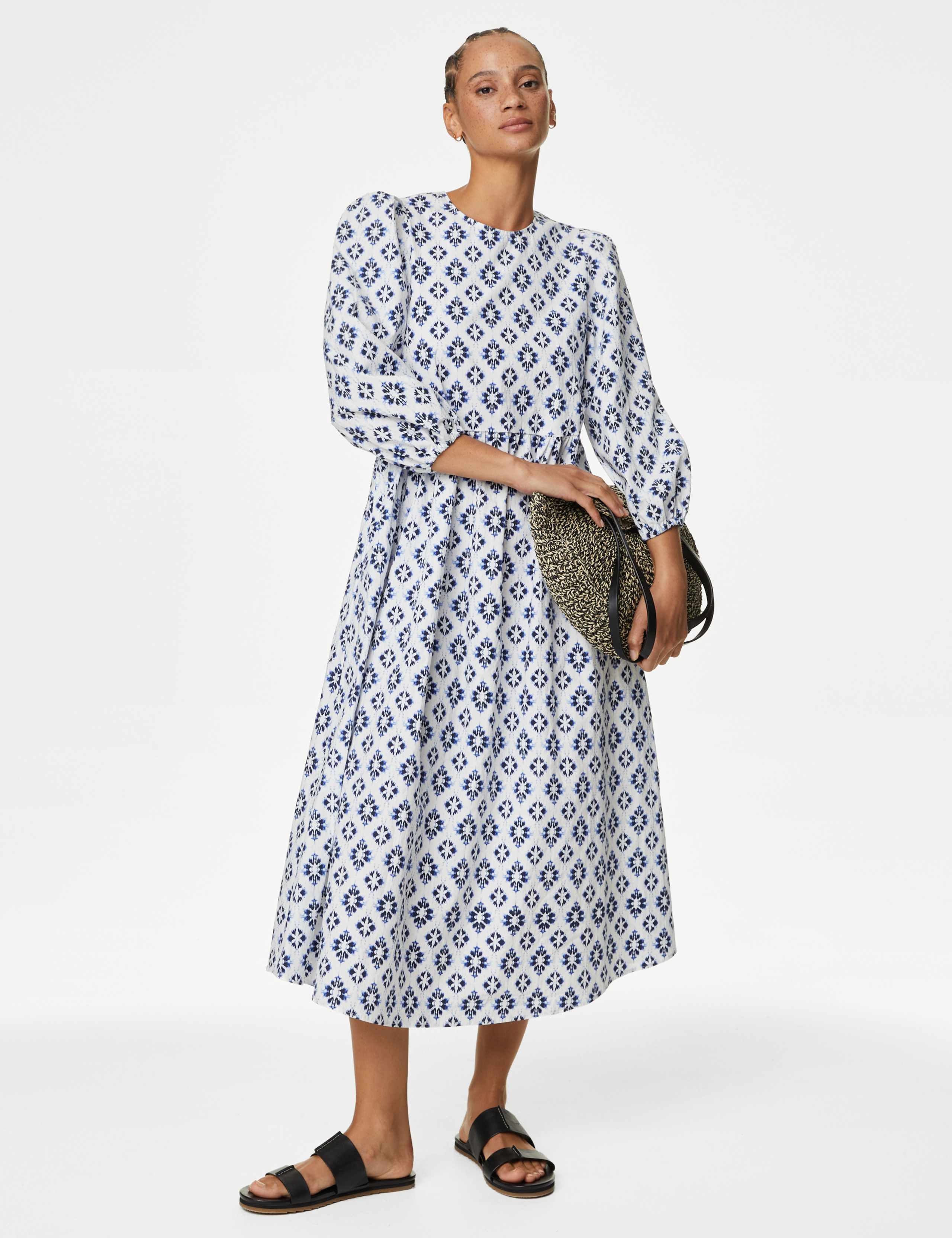 Cotton Rich Printed Midi Waisted Dress 1 of 6