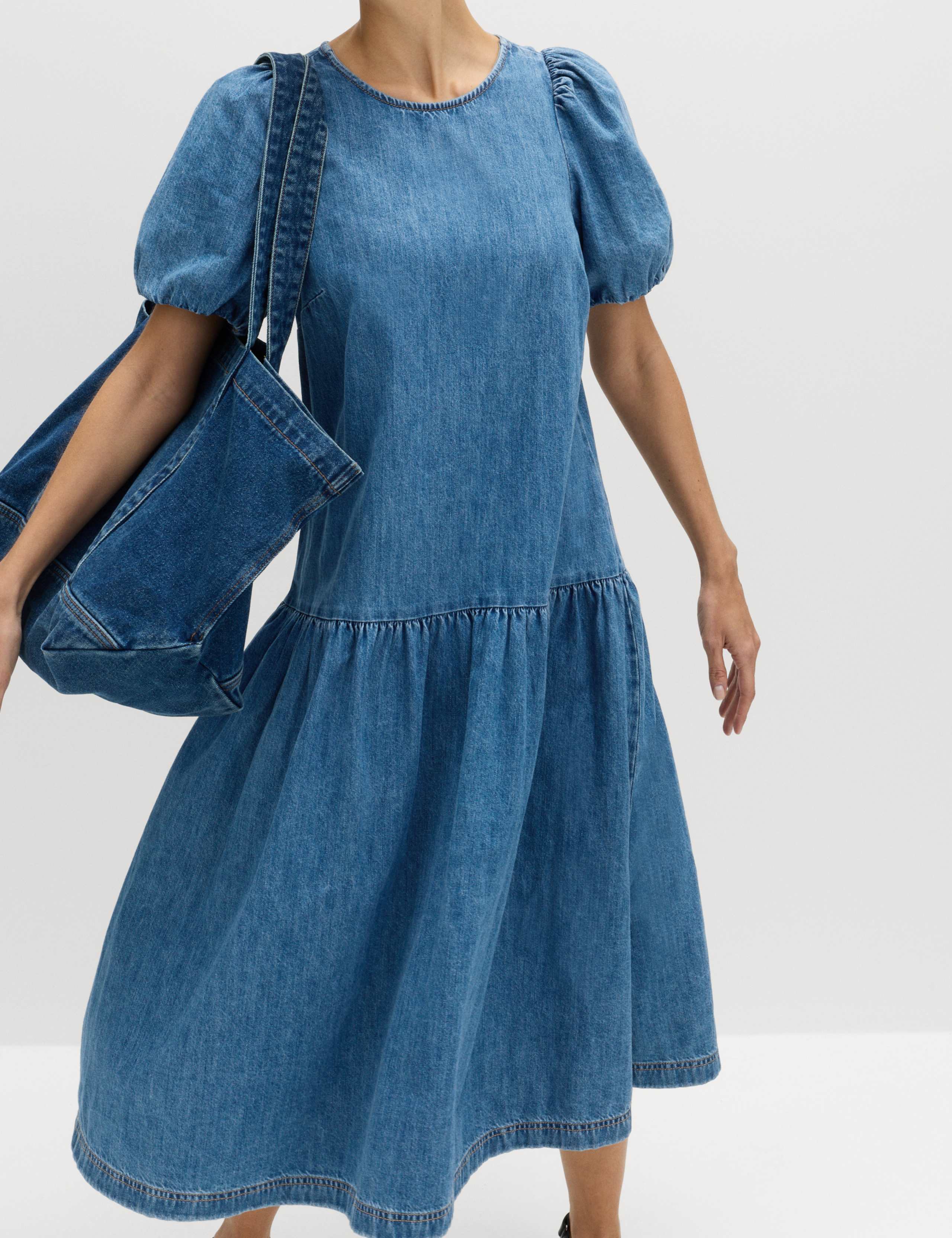Denim Puff Sleeve Midi Drop Waist Dress 1 of 7