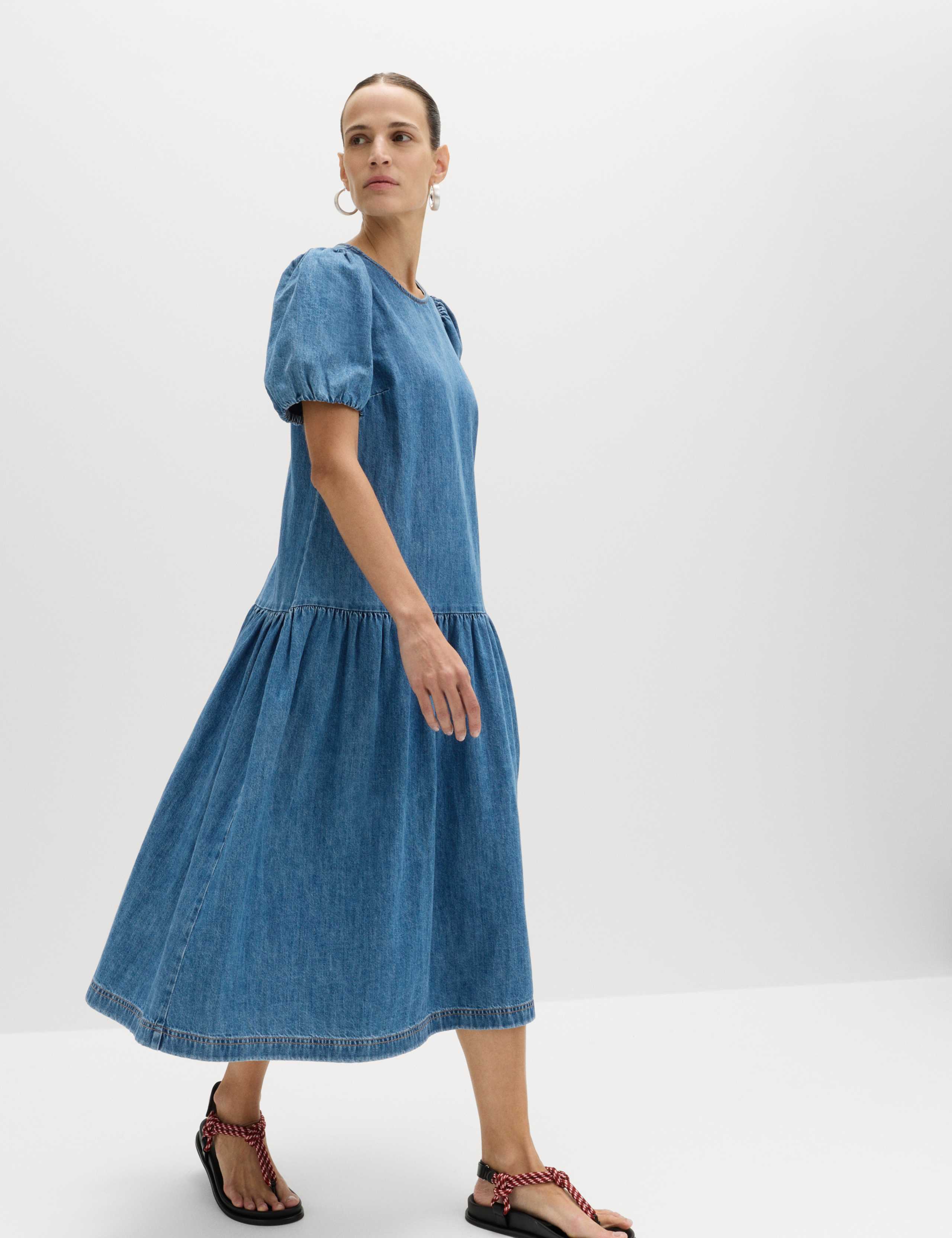 Denim Puff Sleeve Midi Drop Waist Dress 4 of 7