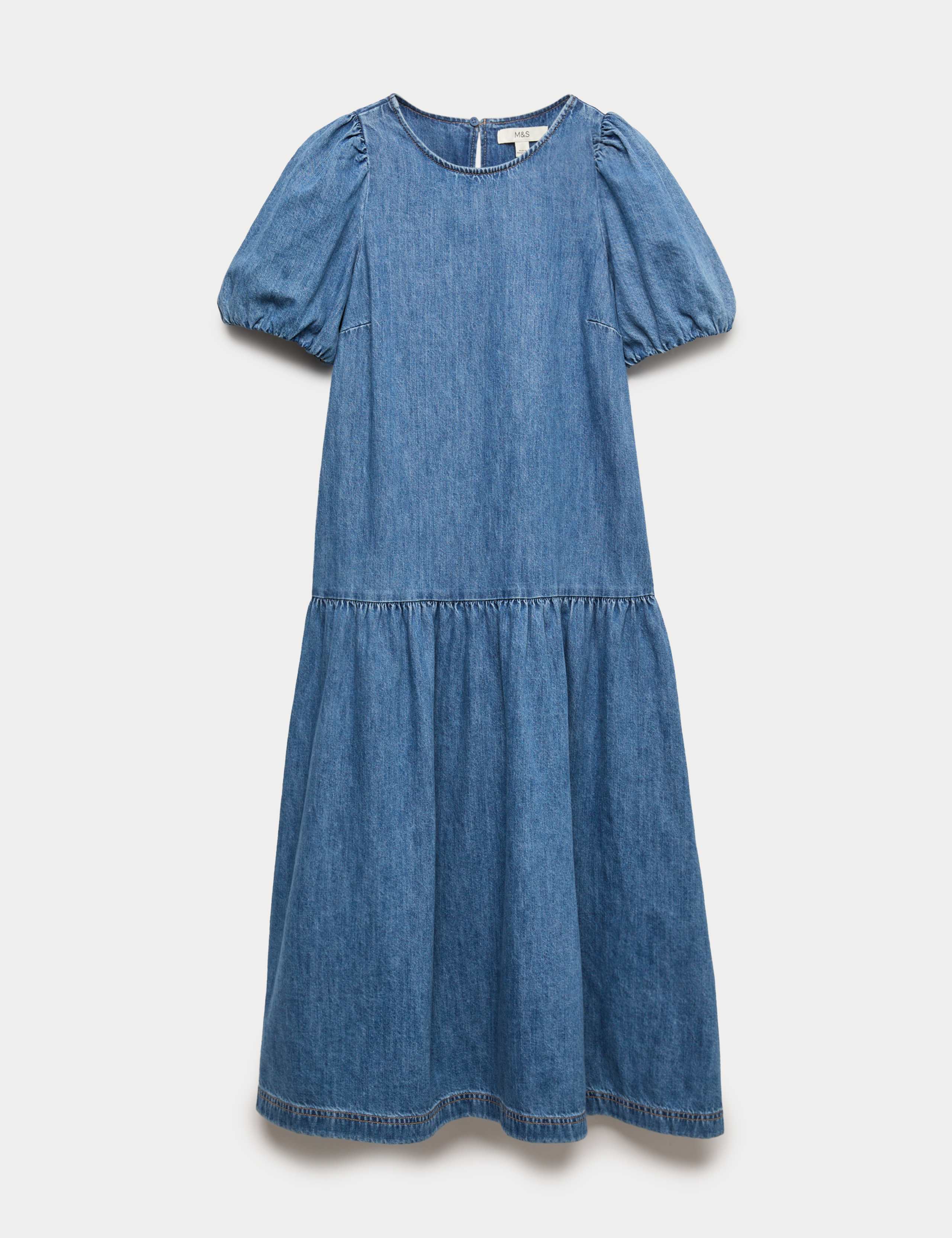 Denim Puff Sleeve Midi Drop Waist Dress 2 of 7